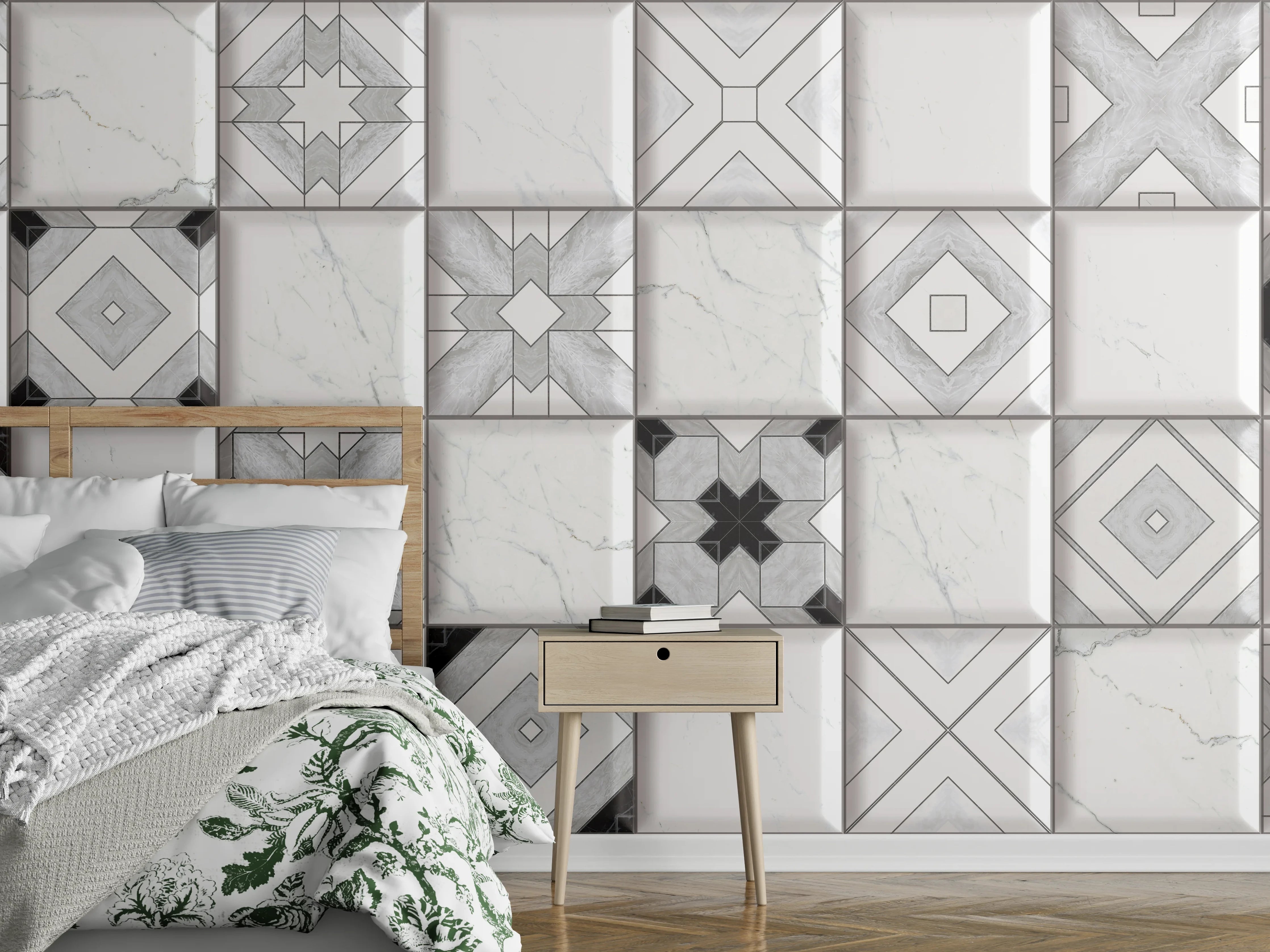 Wandverkleidung Schlafzimmer - Geometrische Weiß-Grau Wandfliesen