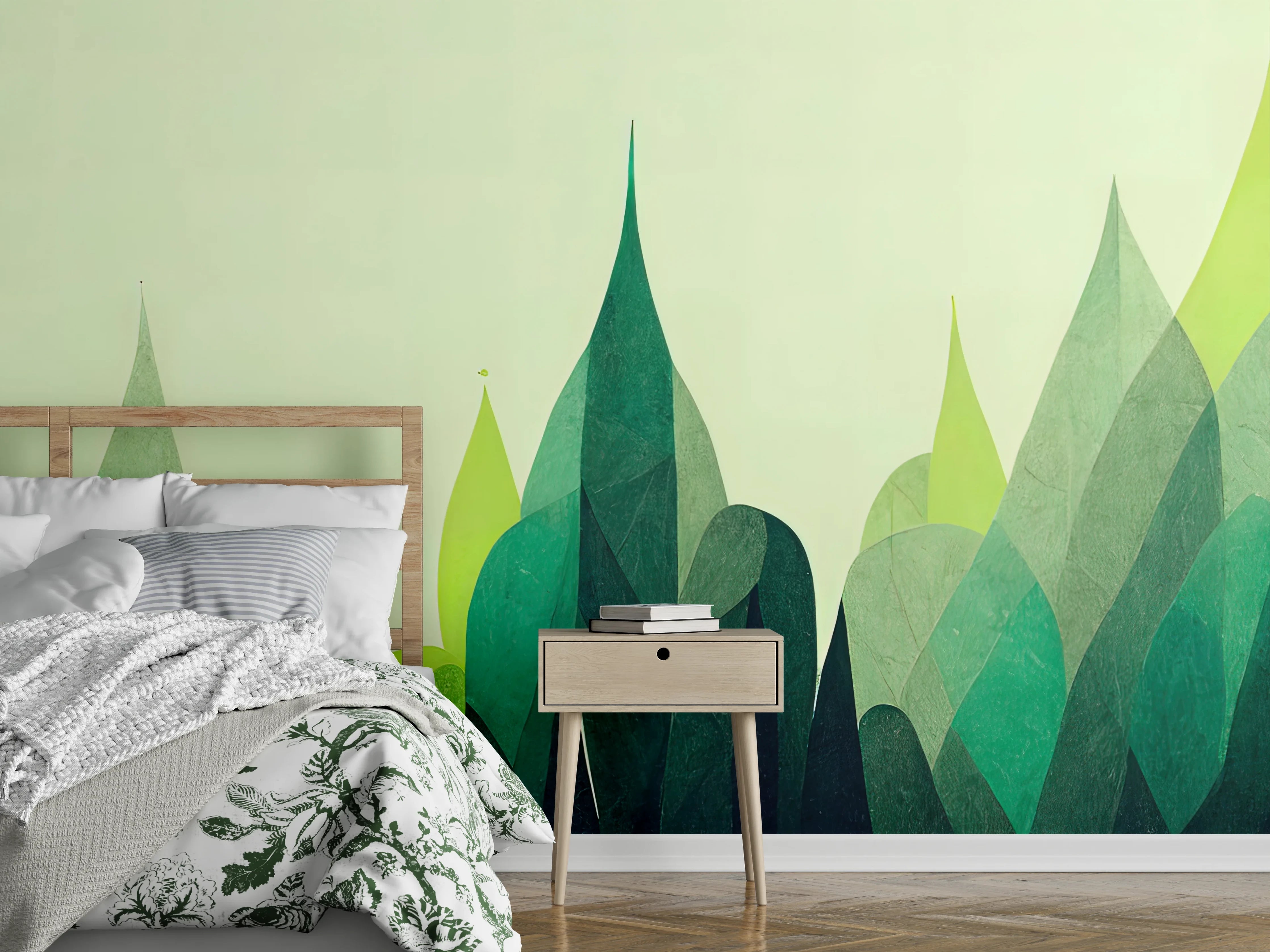 Wandverkleidung Schlafzimmer - Geometrischer Wald Grüntöne Wandbild