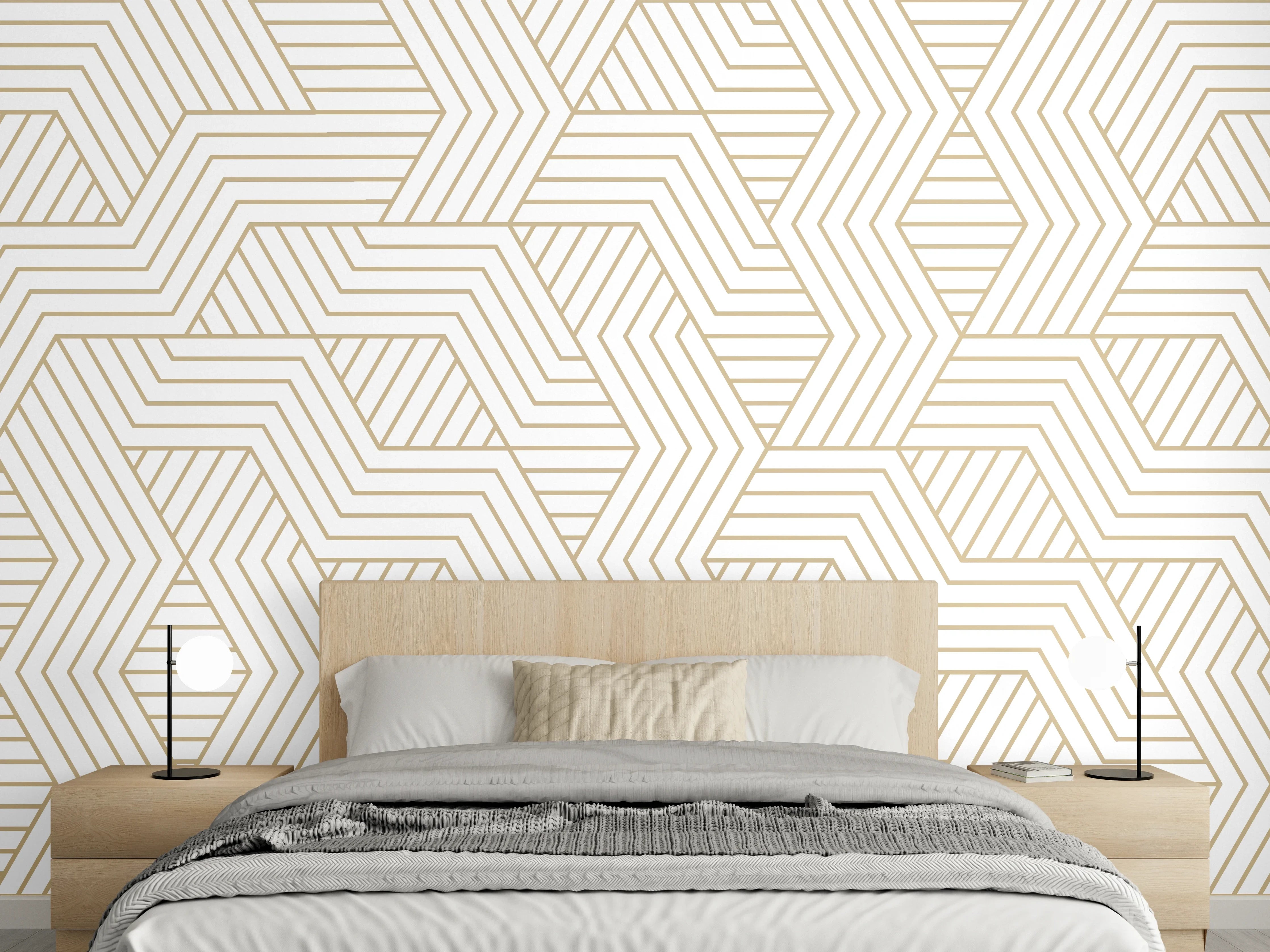 Wandverkleidung Schlafzimmer - Geometrisches Gold-Weiß Muster