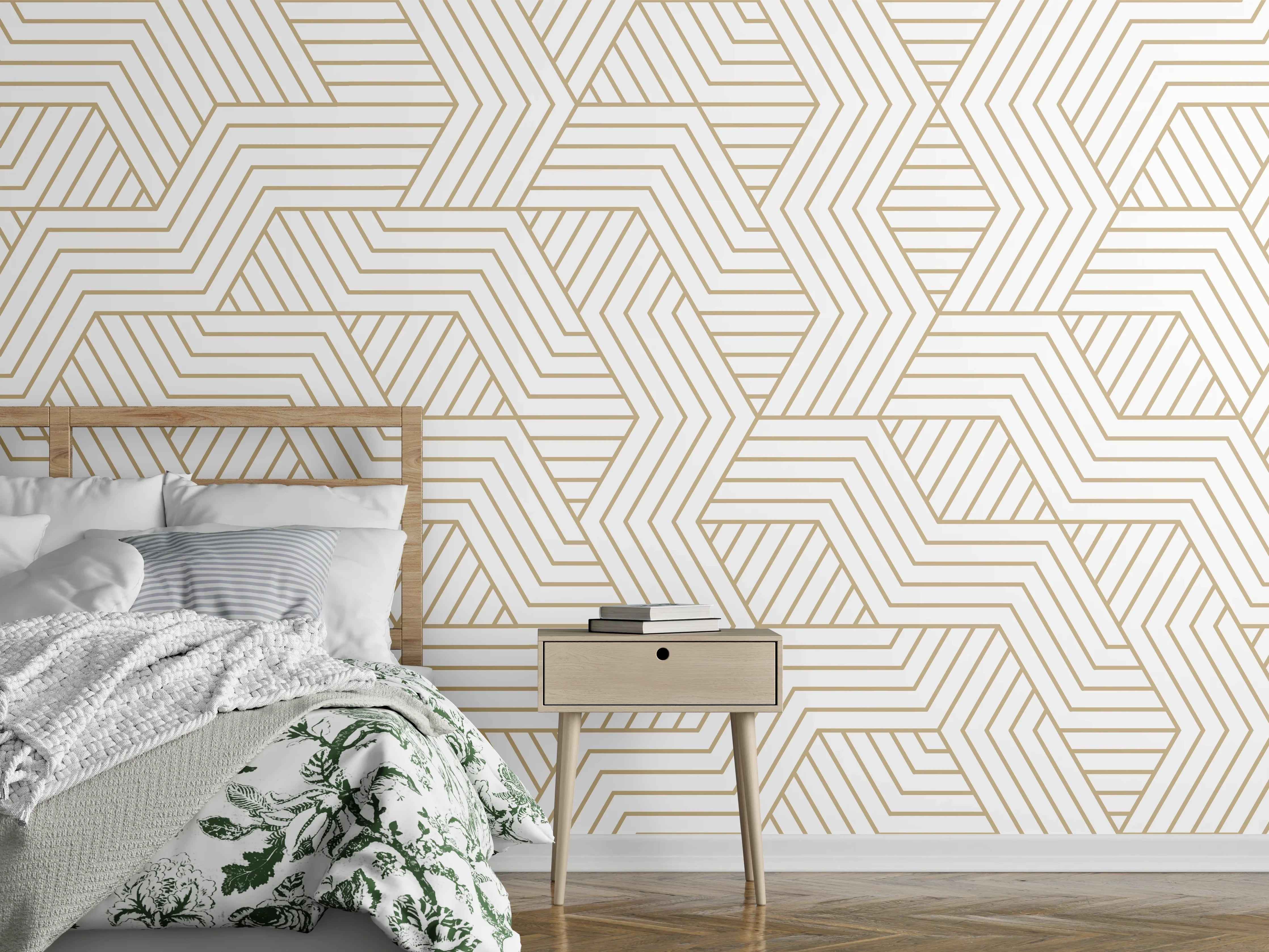 Wandverkleidung Schlafzimmer - Geometrisches Gold-Weiß Muster