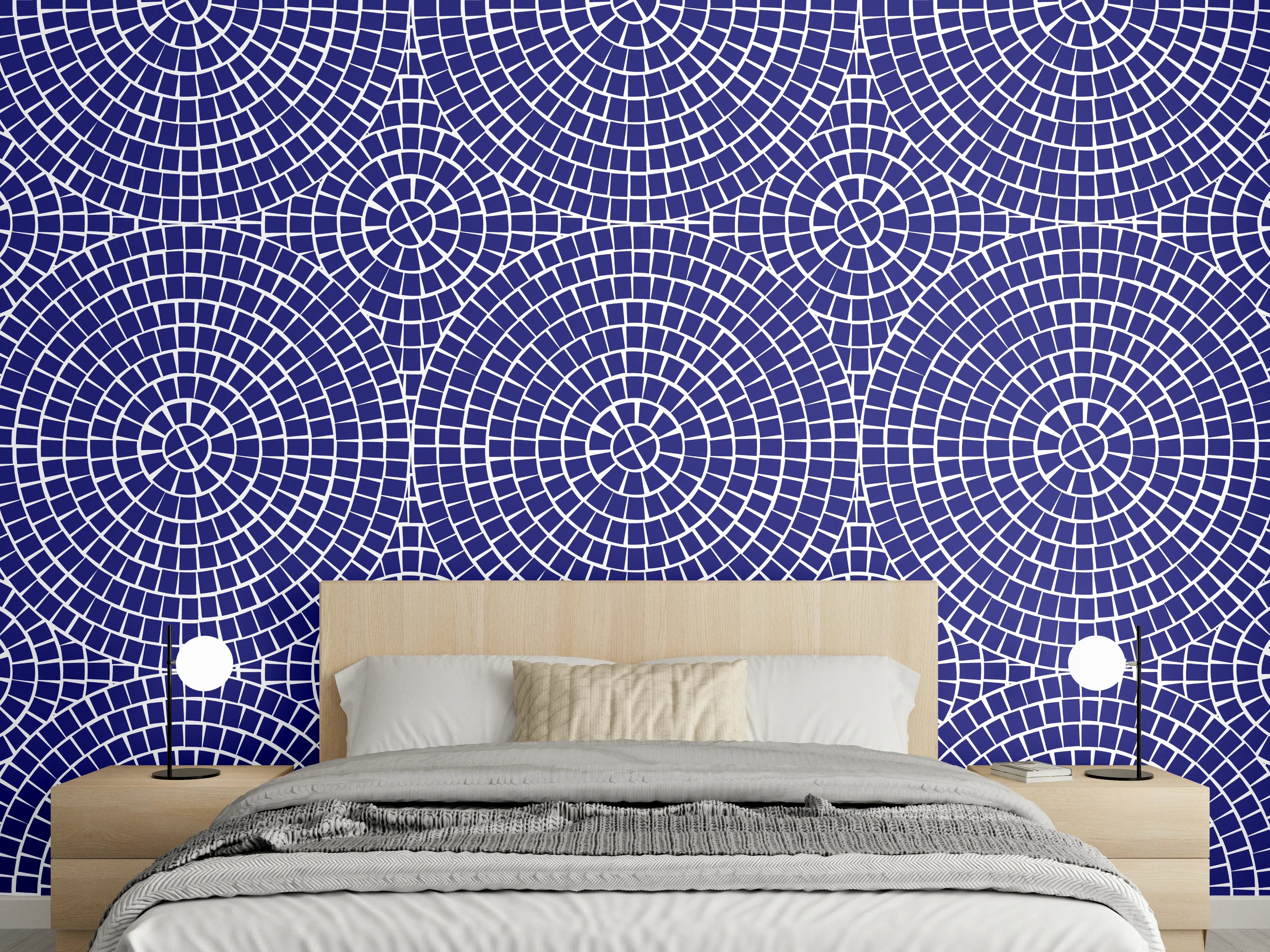 Wandverkleidung Schlafzimmer - Geometrisches Kreislinien-Muster in Blau