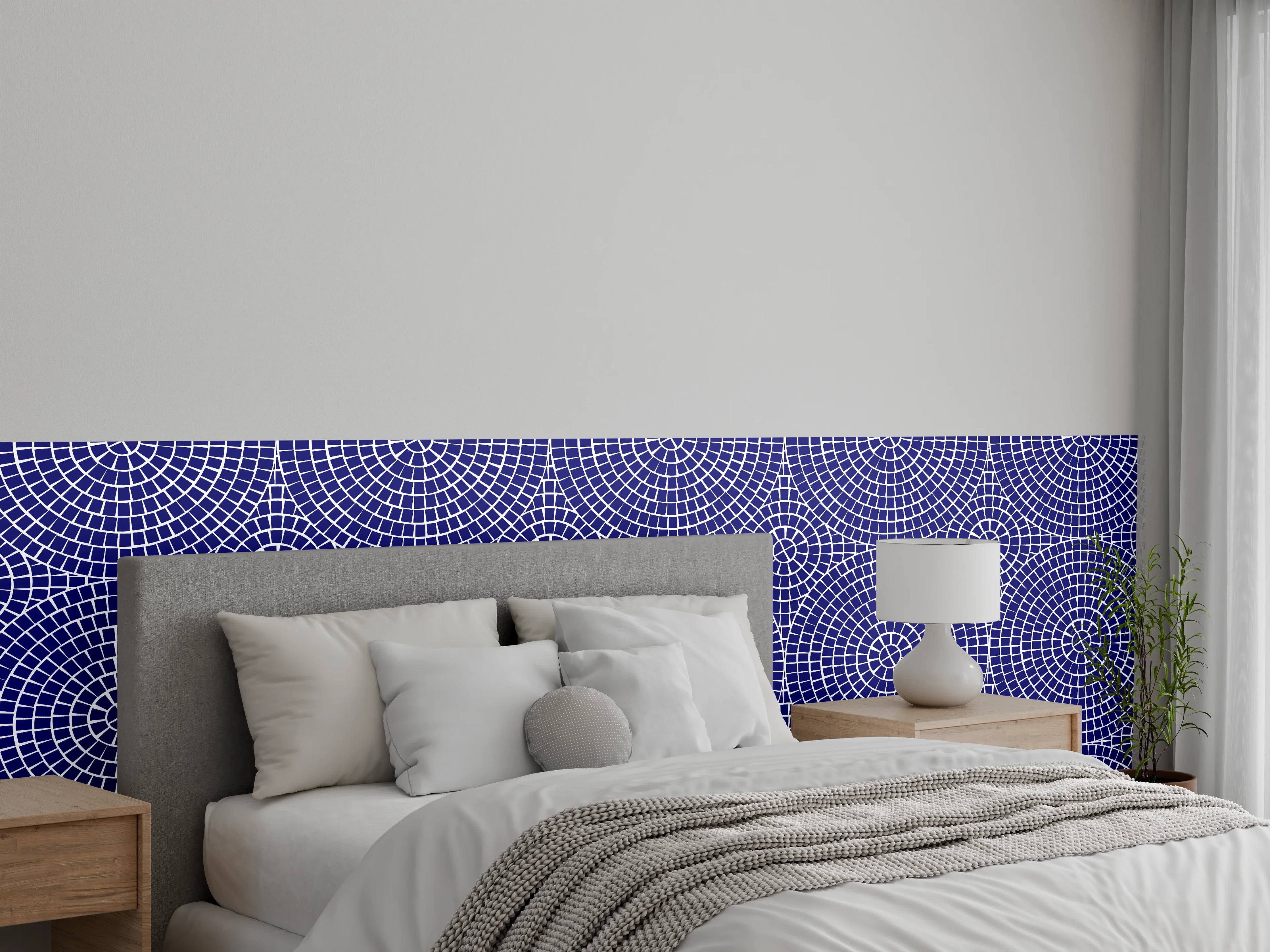 Wandverkleidung Schlafzimmer - Geometrisches Kreislinien-Muster in Blau