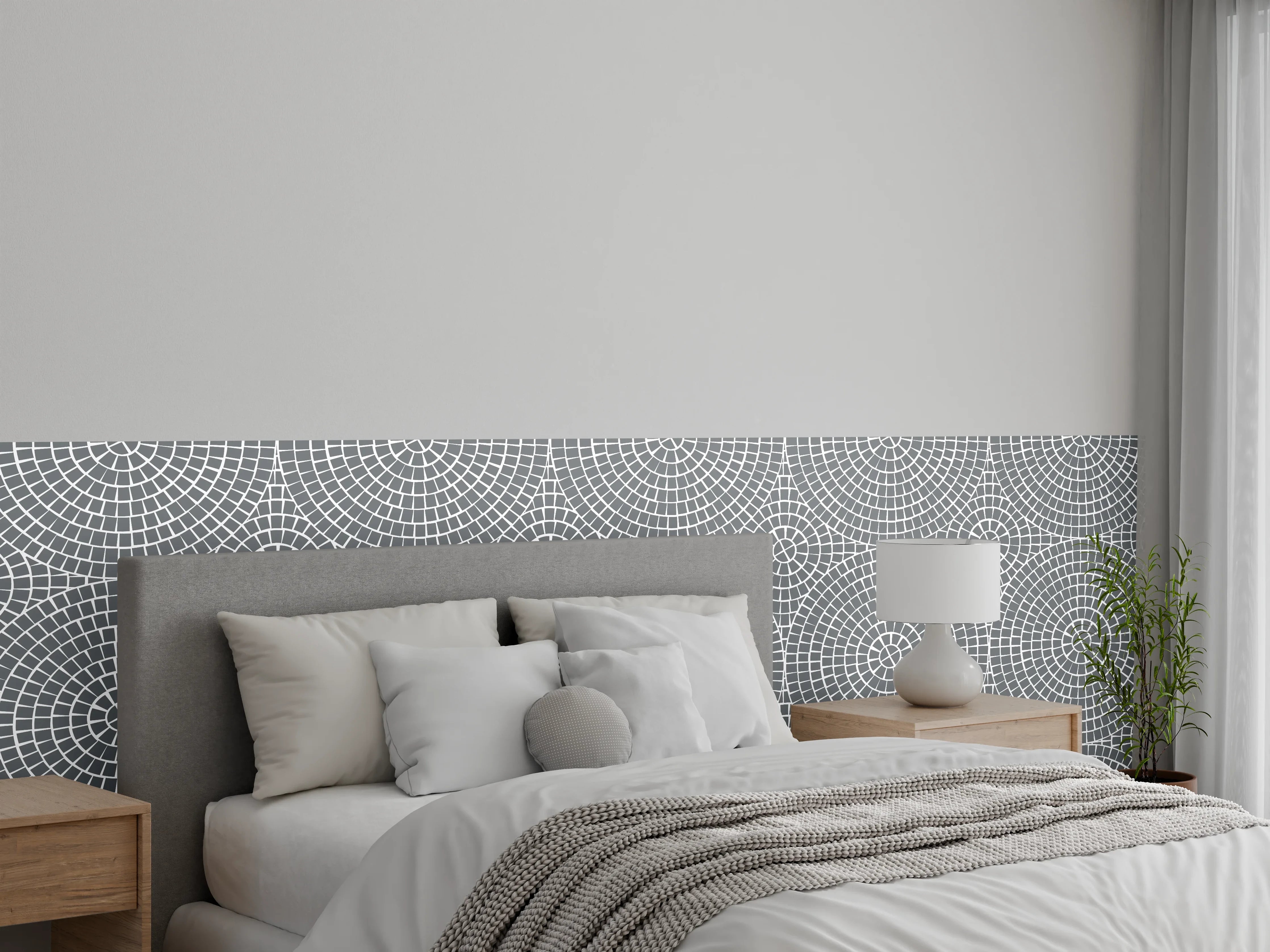 Wandverkleidung Schlafzimmer - Geometrisches Kreismuster Grau-Weiß Optik