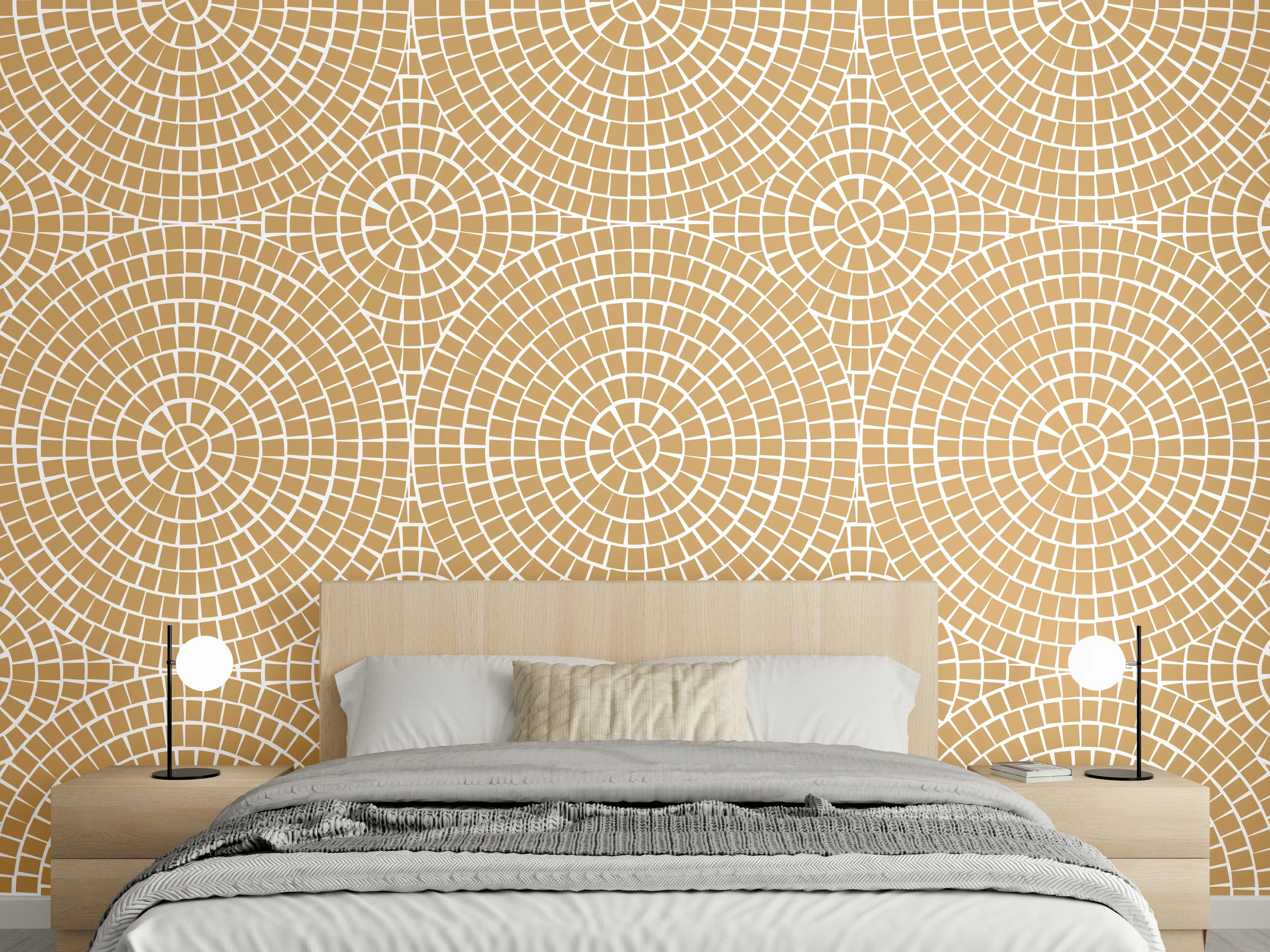 Wandverkleidung Schlafzimmer - Geometrisches Kreismuster in Beige und Weiß