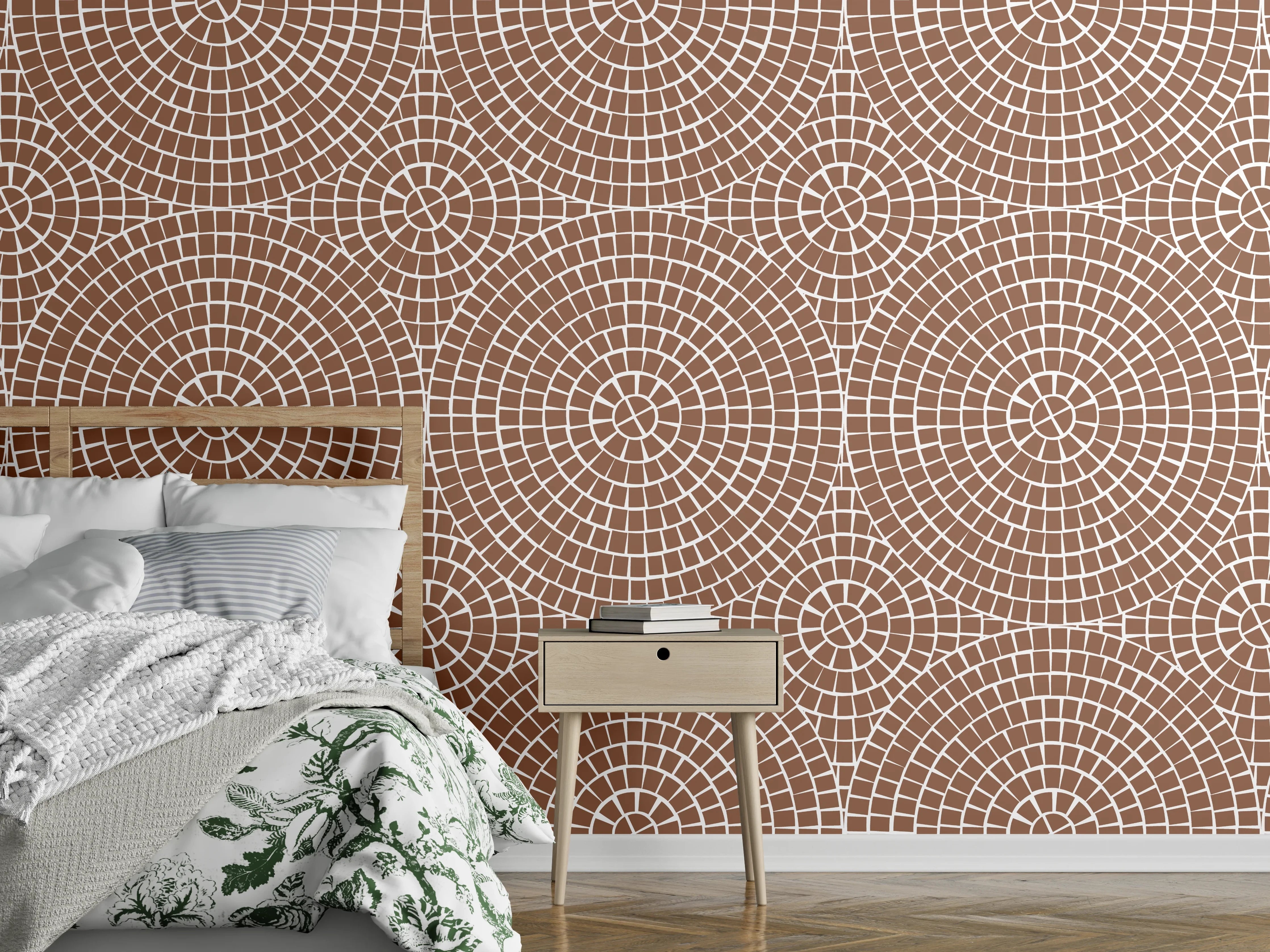 Wandverkleidung Schlafzimmer - Geometrisches Kreismuster in Braunweiß