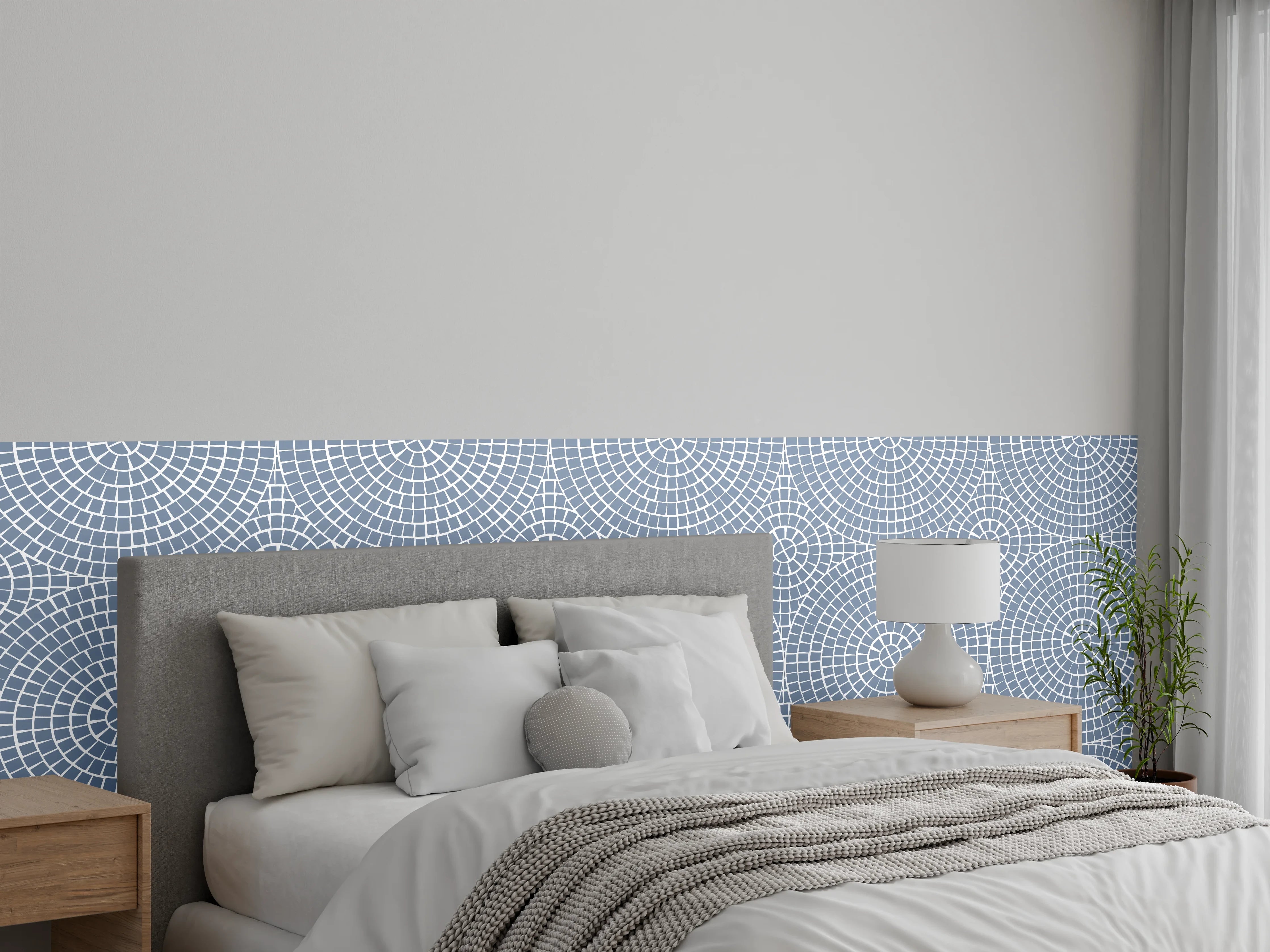 Wandverkleidung Schlafzimmer - Geometrisches Kreismuster in Grau-Blau