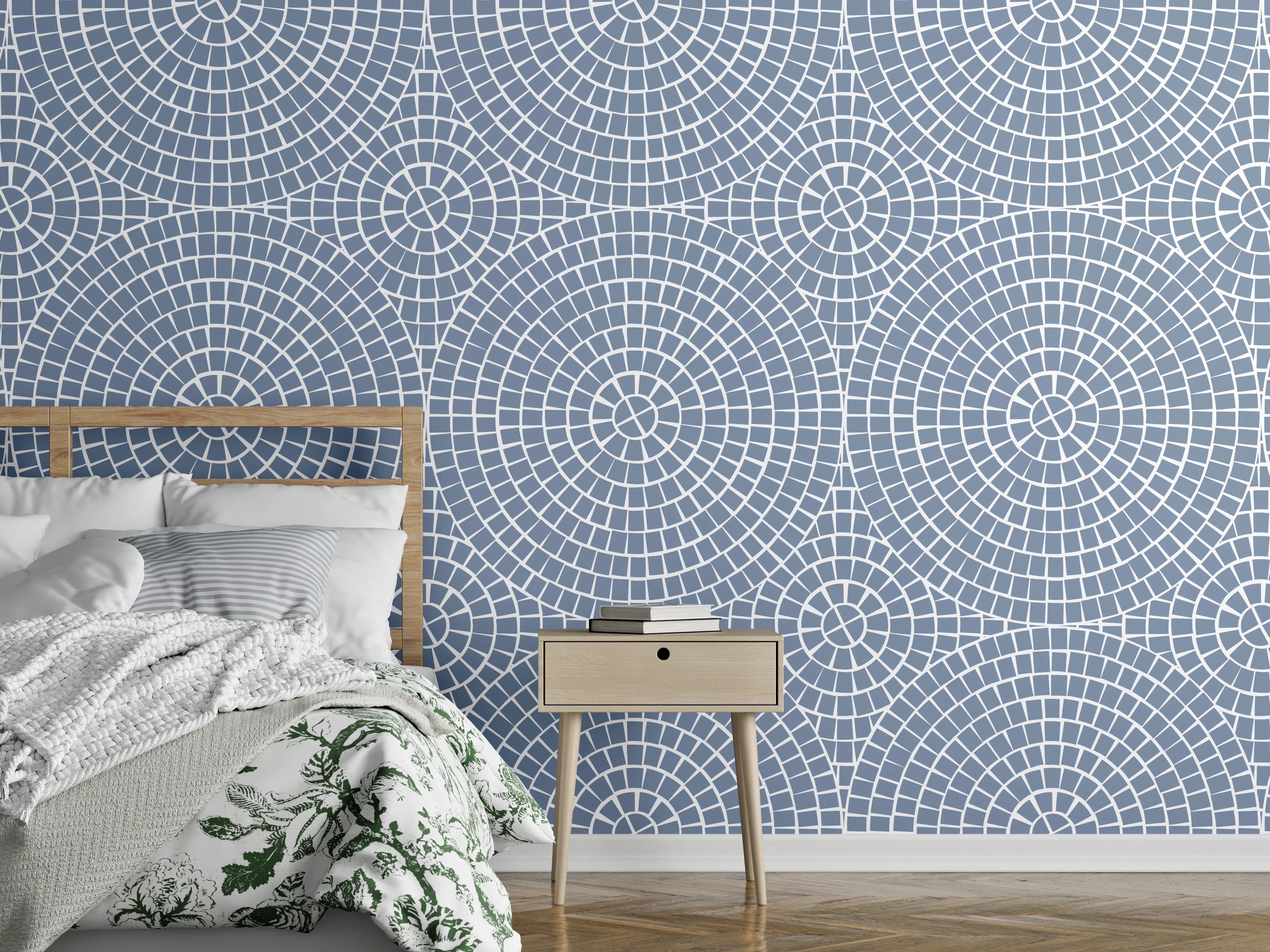 Wandverkleidung Schlafzimmer - Geometrisches Kreismuster in Grau-Blau