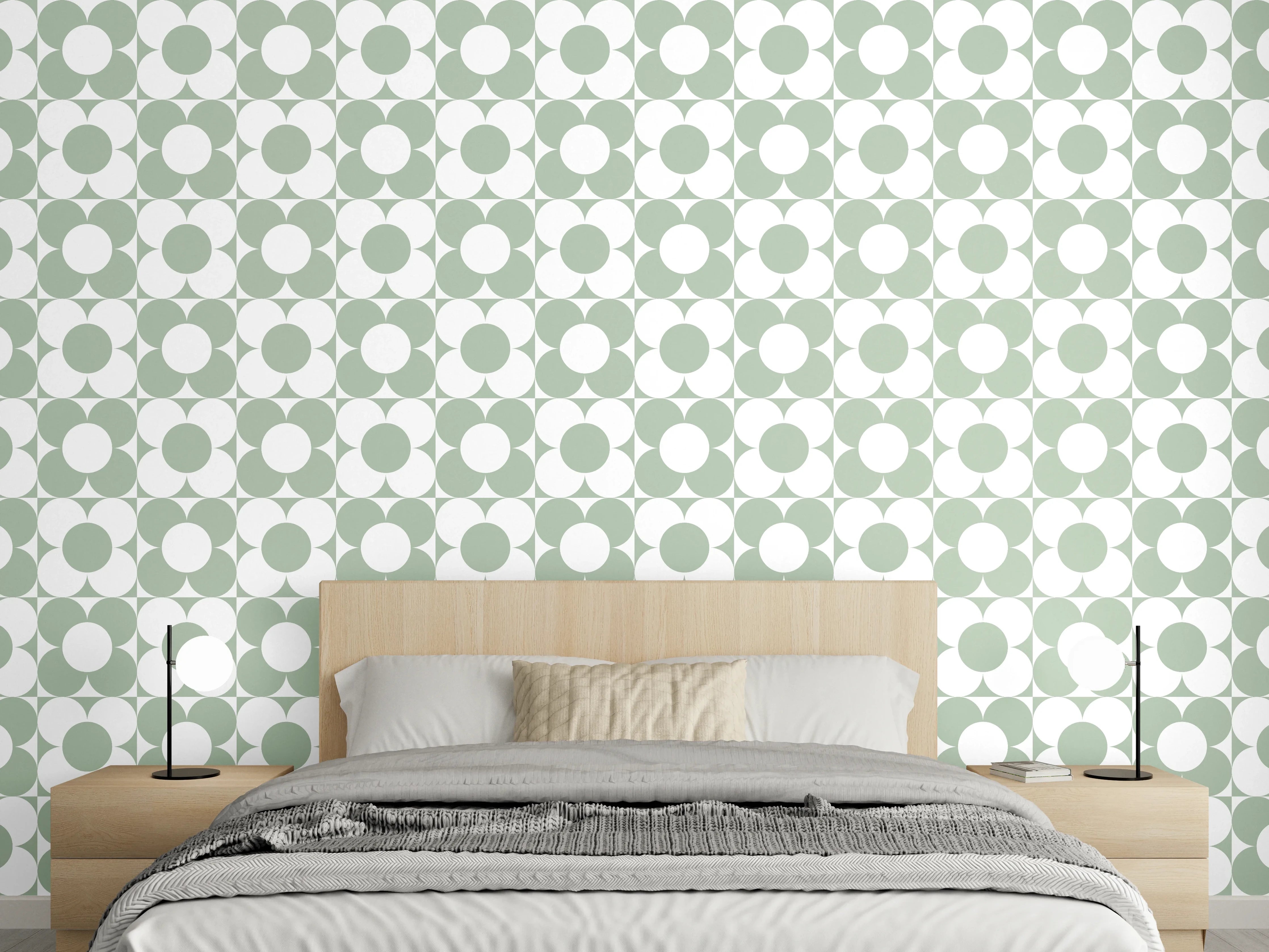 Wandverkleidung Schlafzimmer - Geometrisches Kreismuster in Grün und Weiß