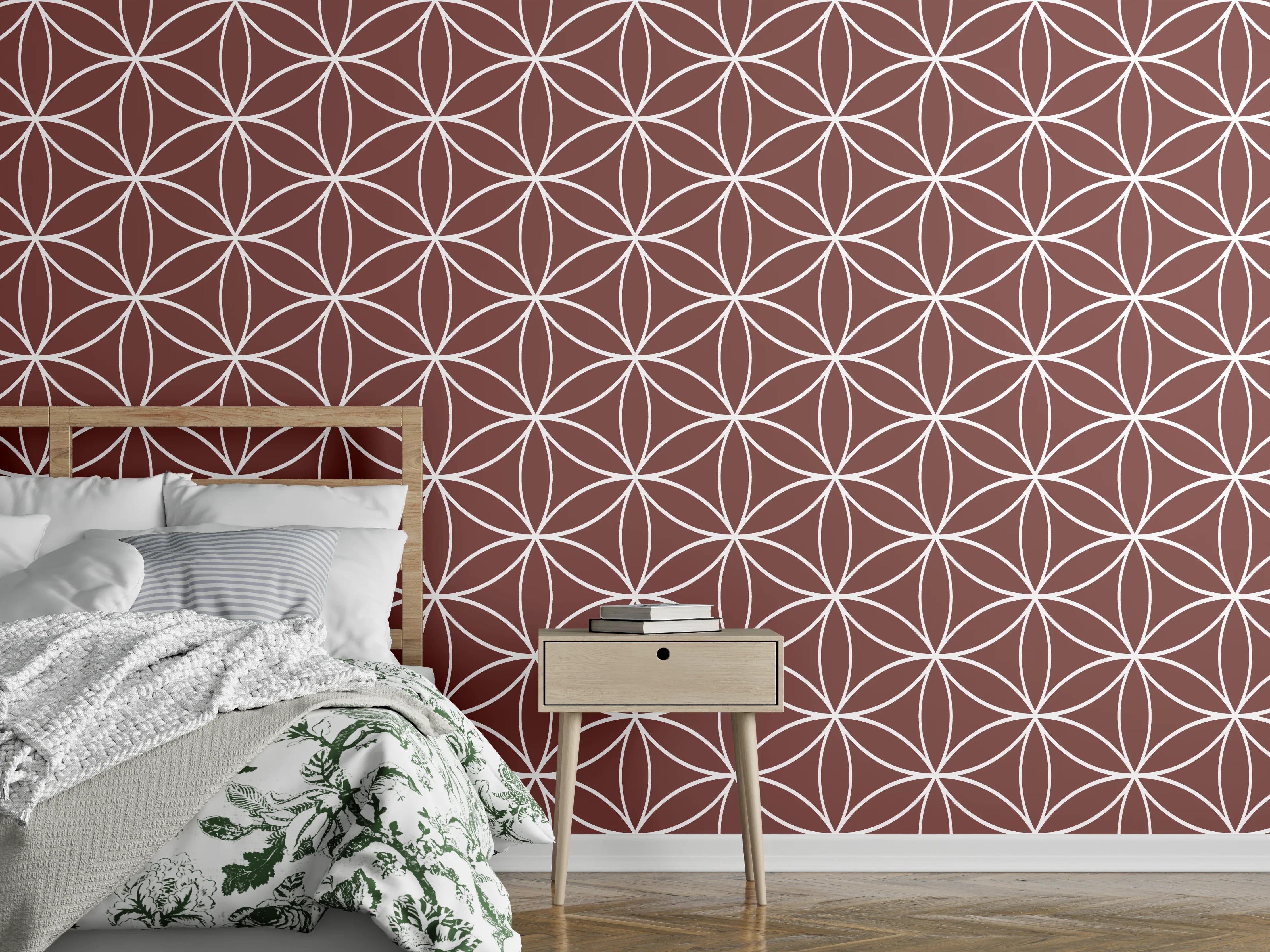 Wandverkleidung Schlafzimmer - Geometrisches Mandala-Muster Braun Weiß