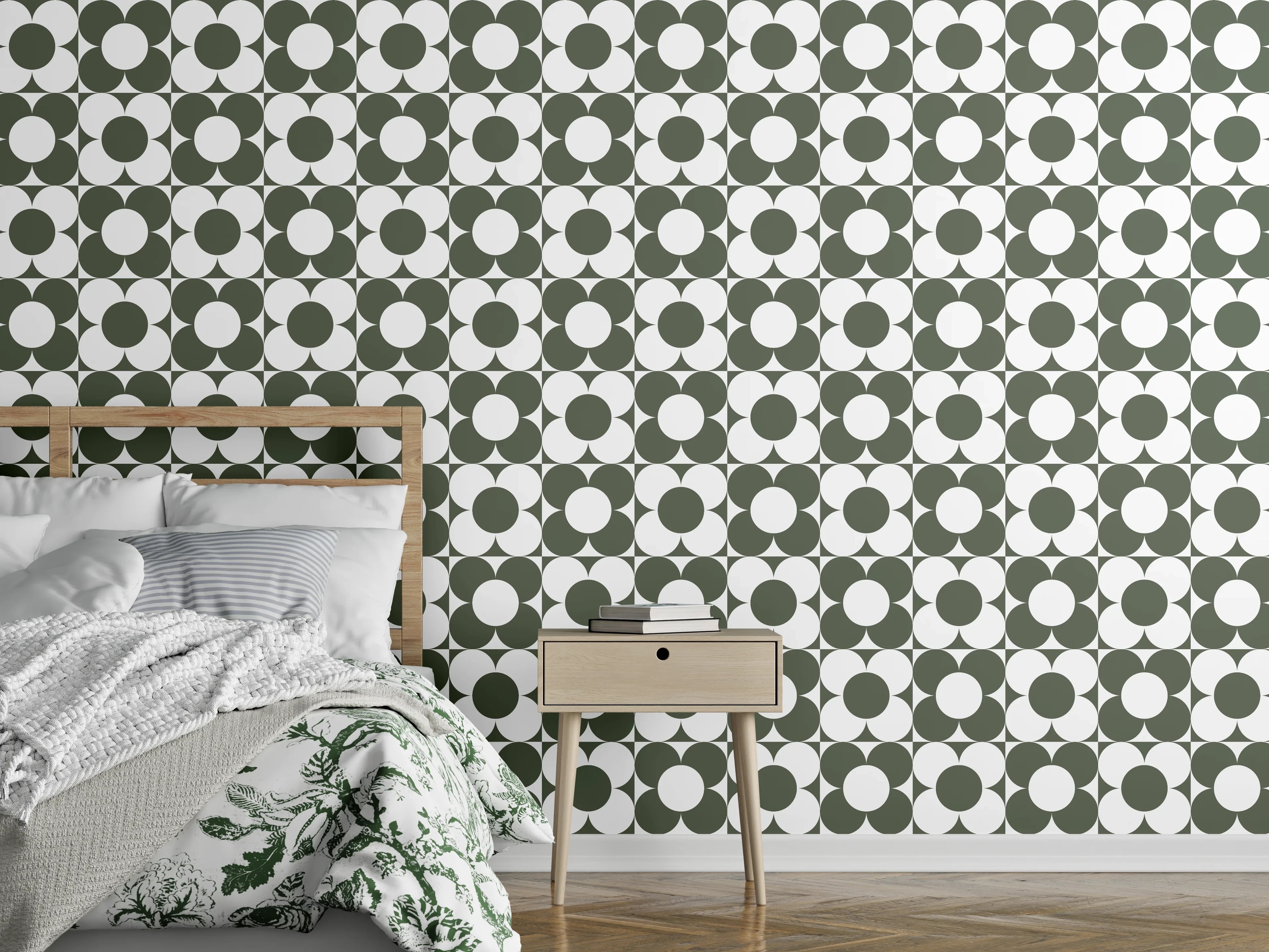 Wandverkleidung Schlafzimmer - Geometrisches Muster grün-weiß, retro