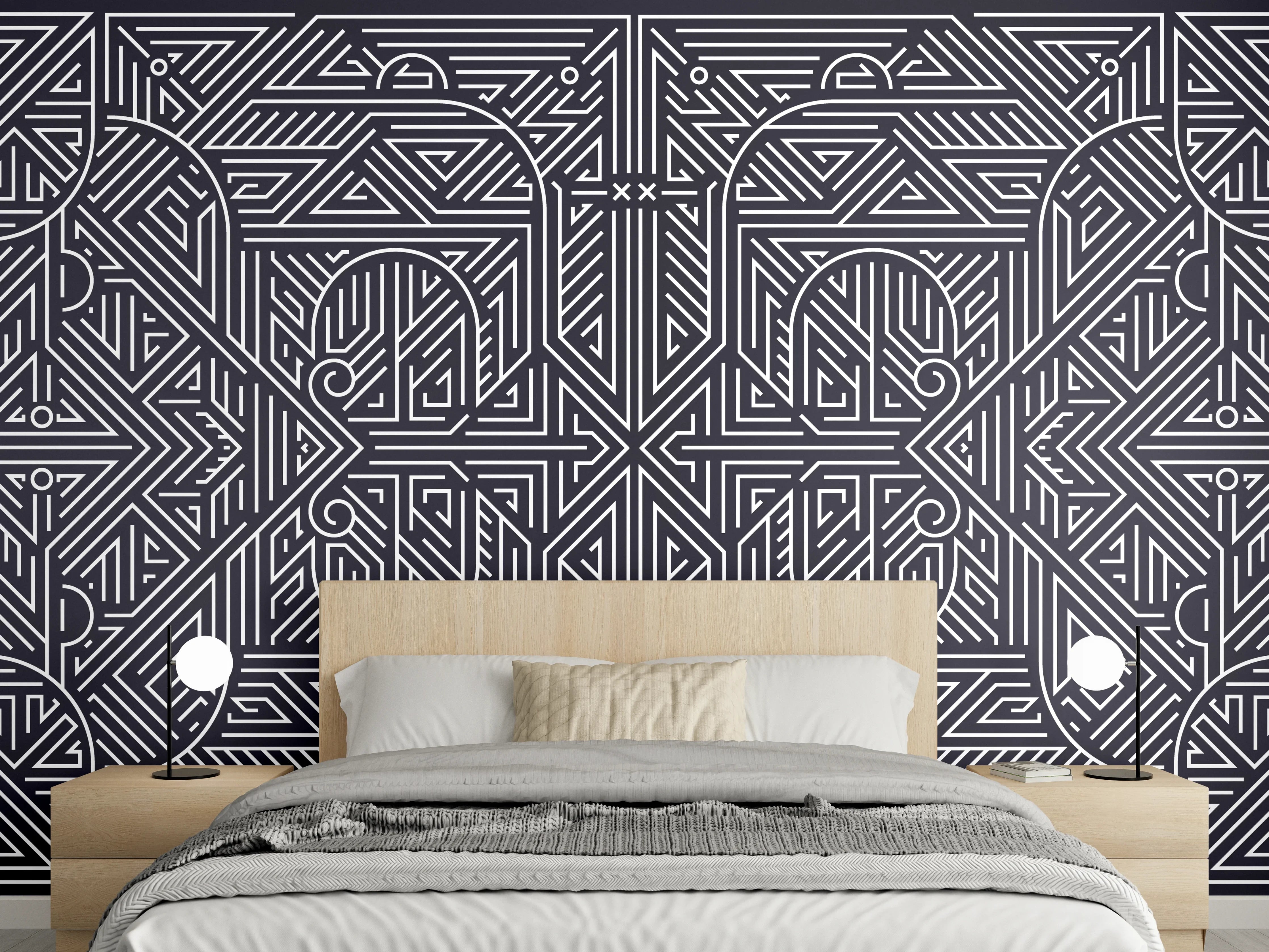 Wandverkleidung Schlafzimmer - Geometrisches Muster in Dunkeltönen
