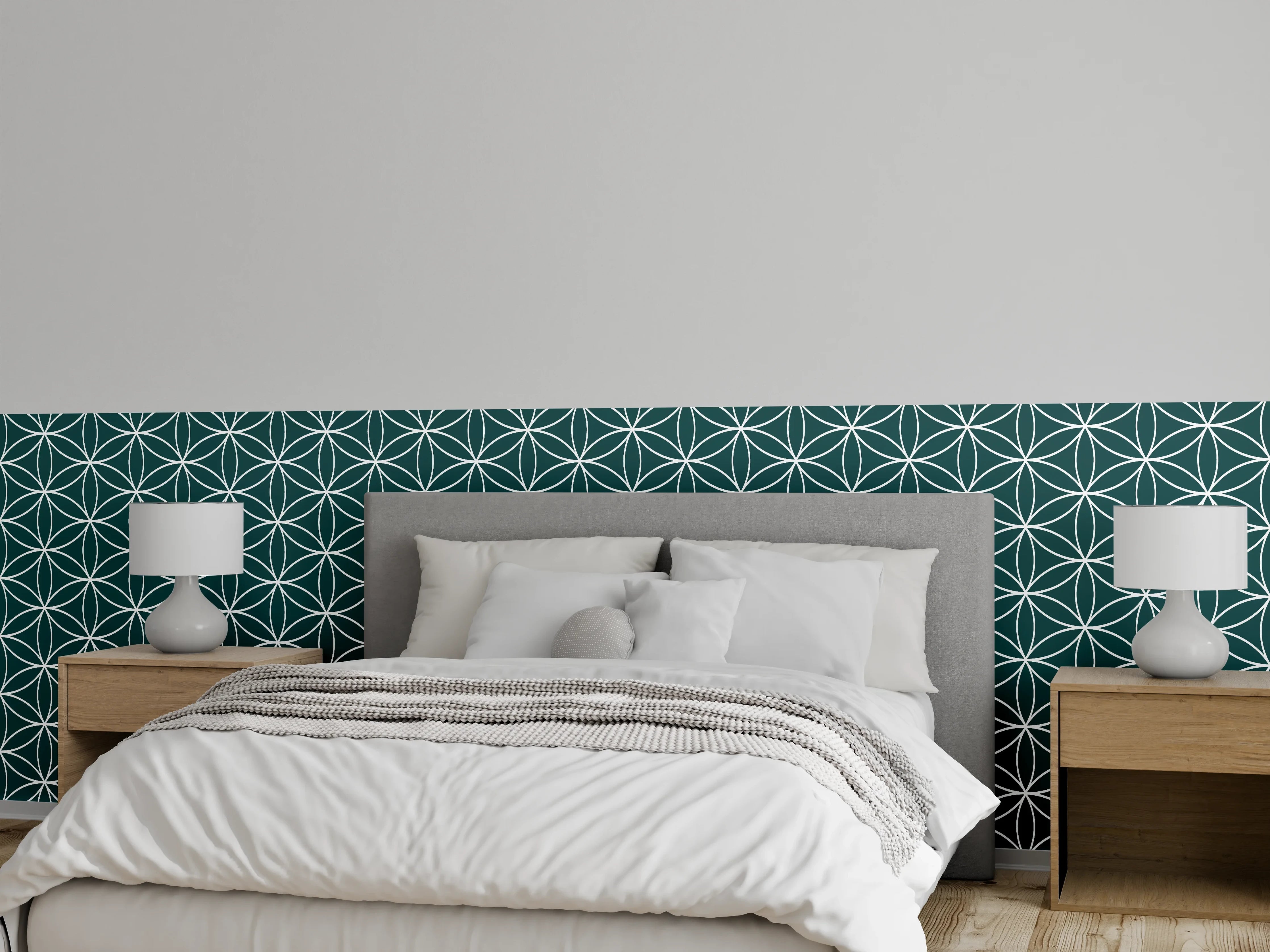 Wandverkleidung Schlafzimmer - Geometrisches Muster in Türkis und Weiß