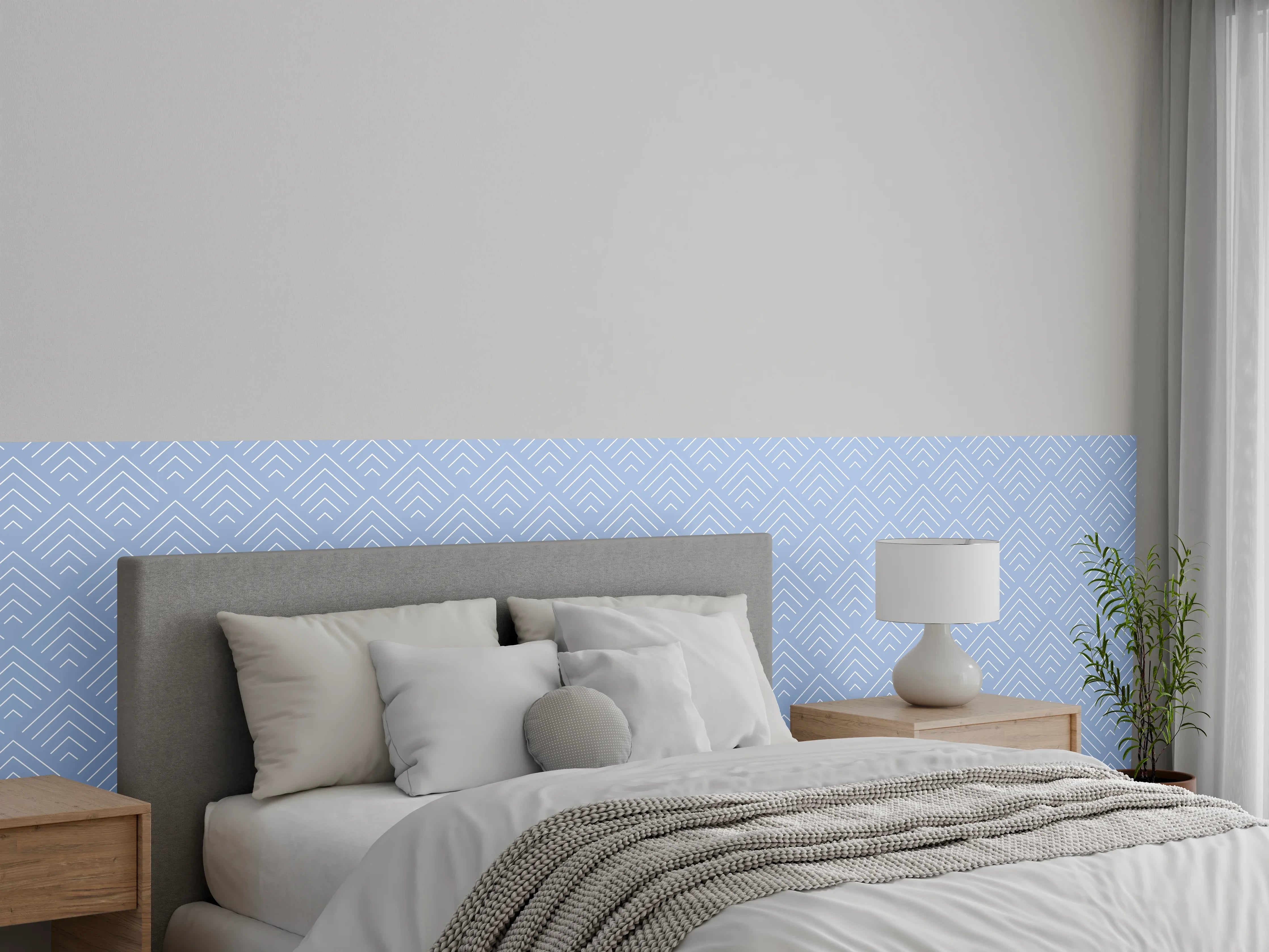 Wandverkleidung Schlafzimmer - Geometrisches Muster in dezentem Grau-Blau