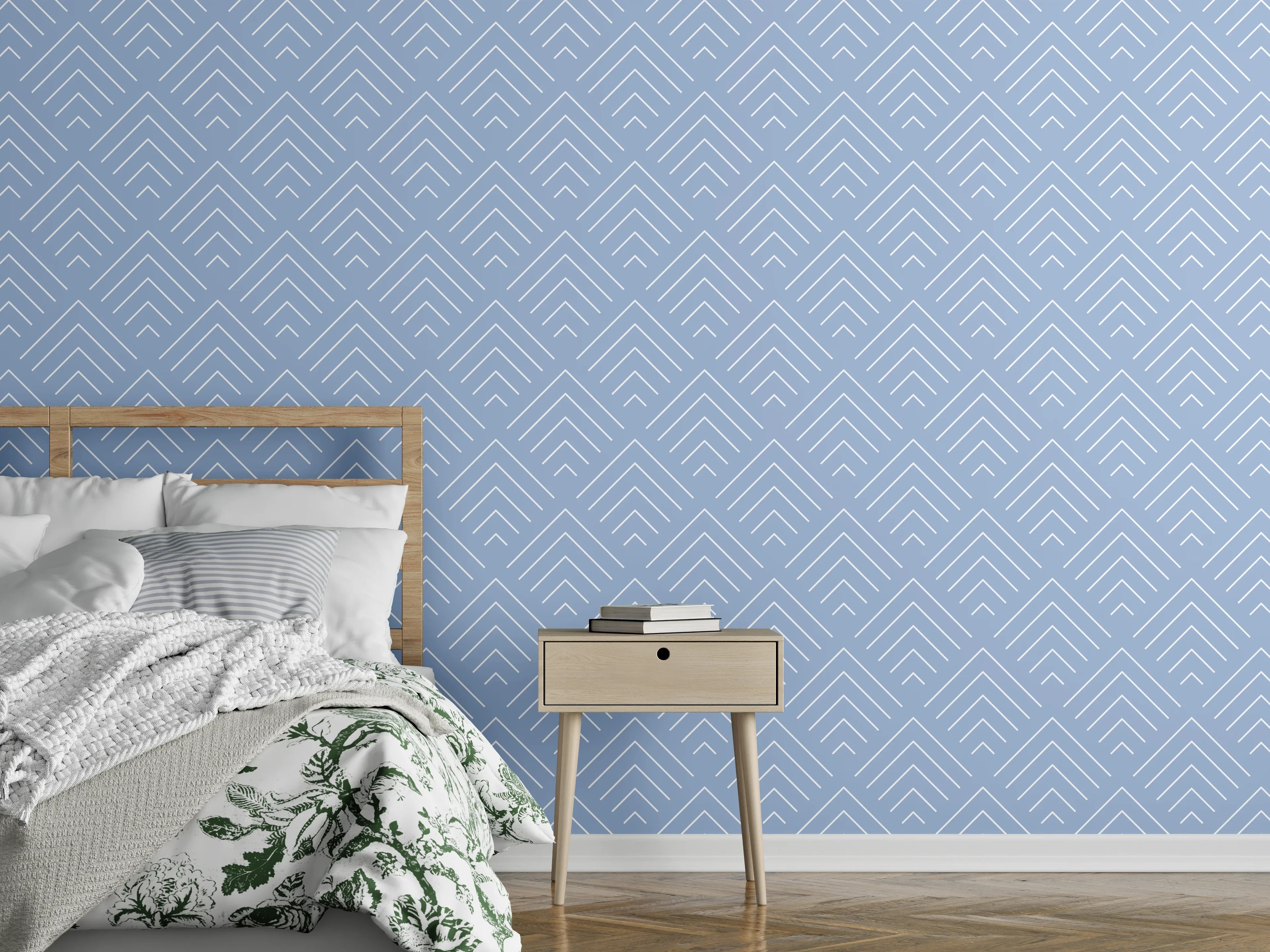 Wandverkleidung Schlafzimmer - Geometrisches Muster in dezentem Grau-Blau