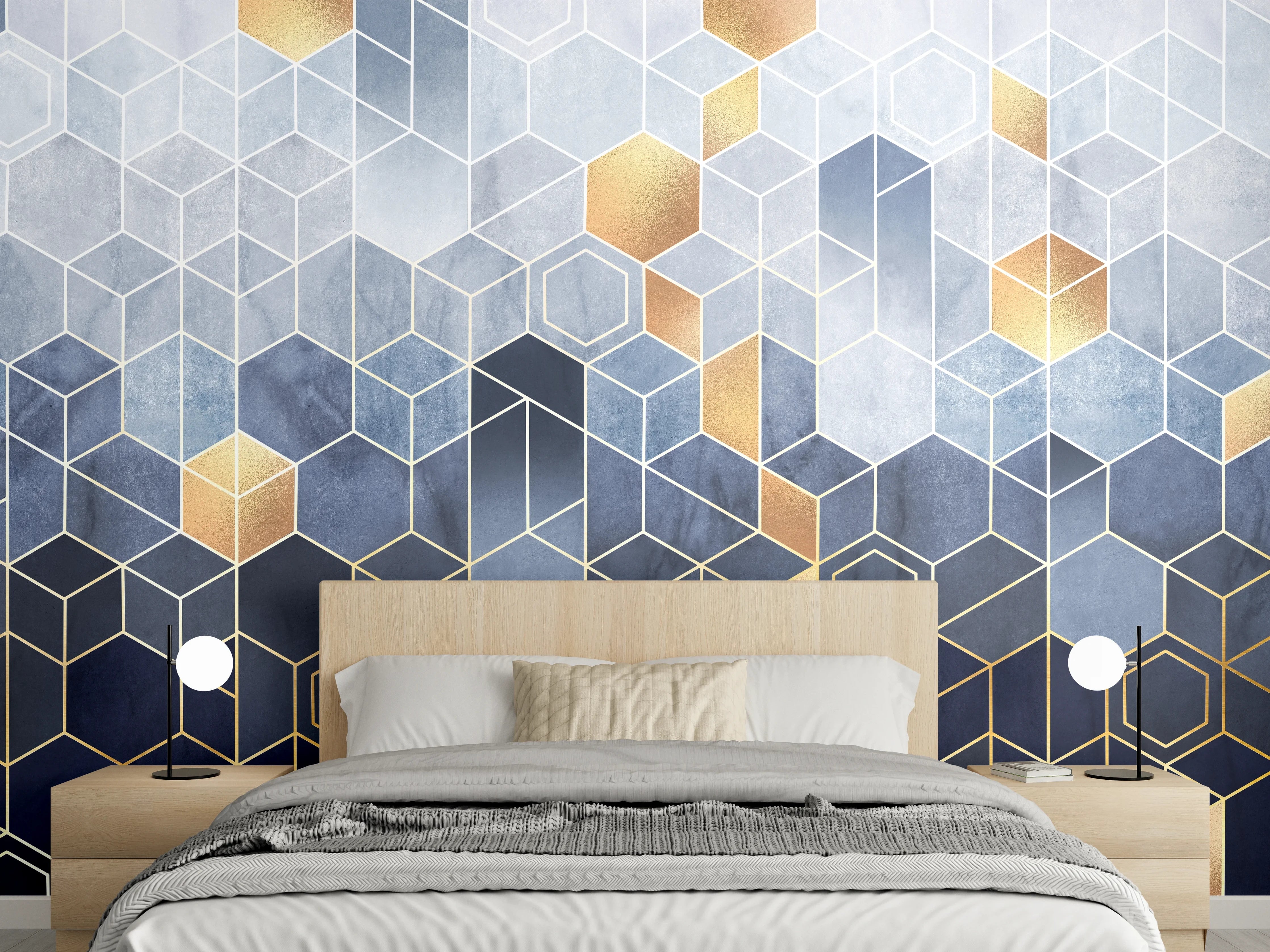 Wandverkleidung Schlafzimmer - Geometrisches Muster mit Gold und Blau