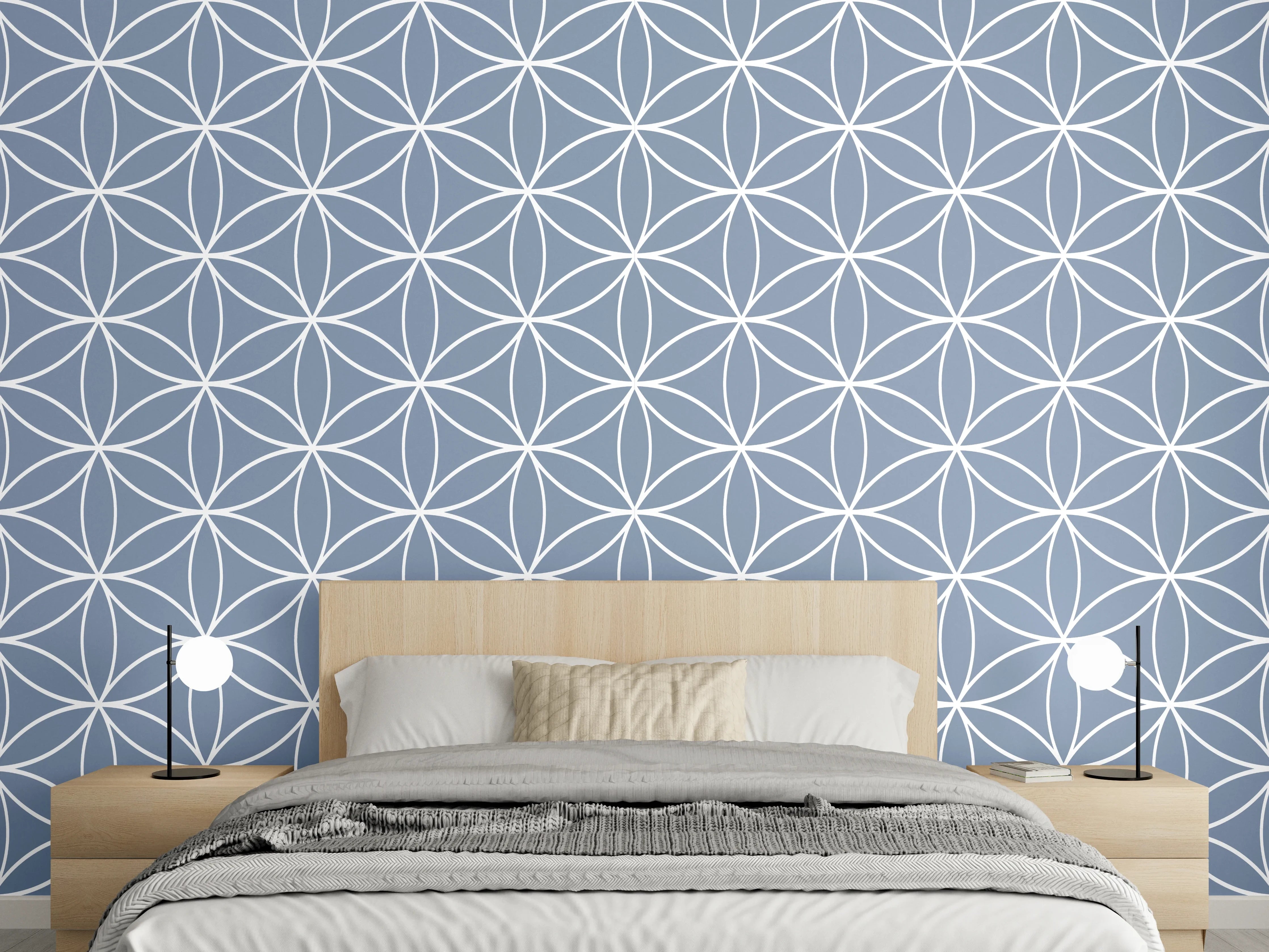 Wandverkleidung Schlafzimmer - Geometrisches Muster weiß auf Grau