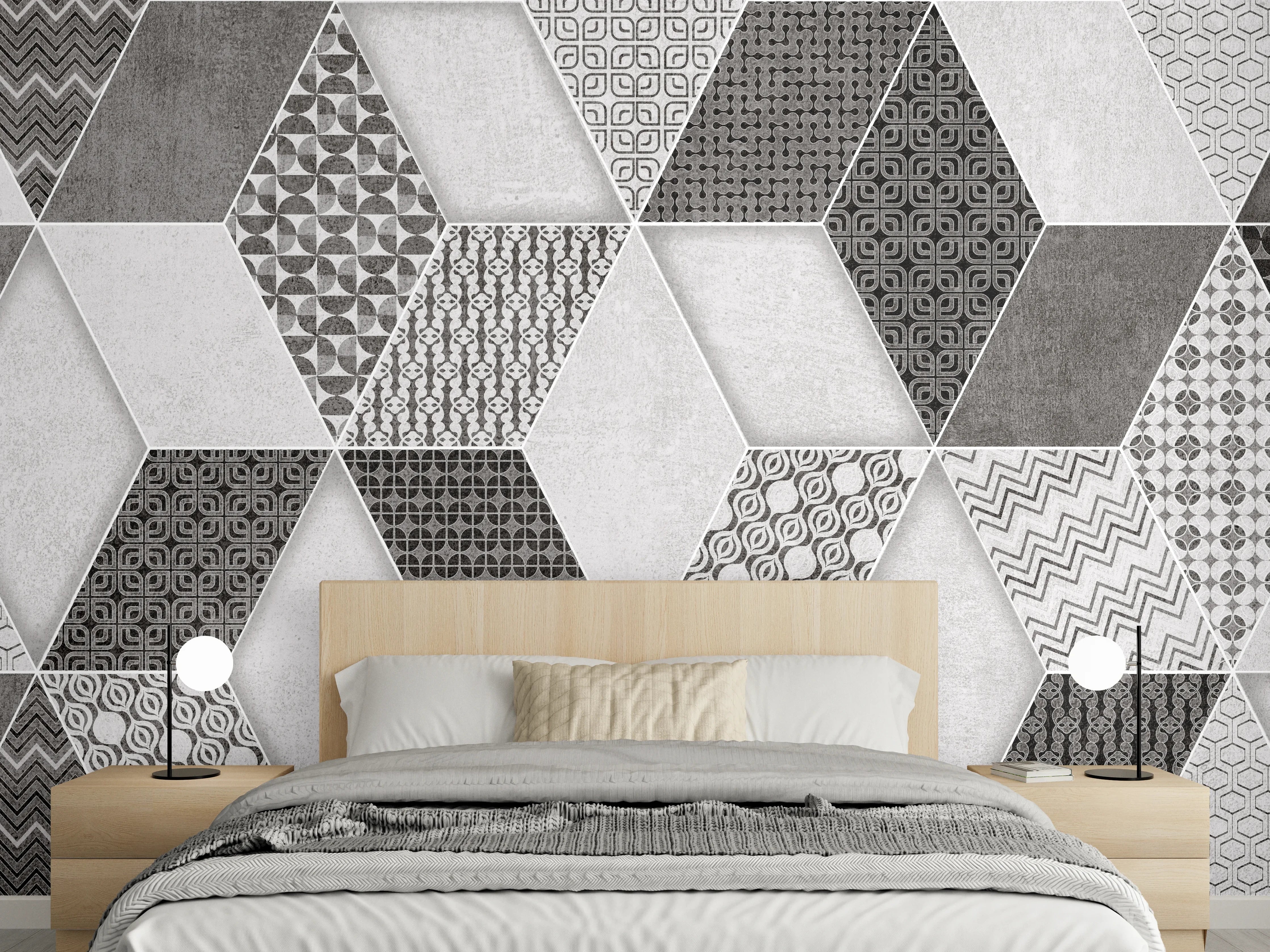 Wandverkleidung Schlafzimmer - Geometrisches Retro-Fliesen Muster