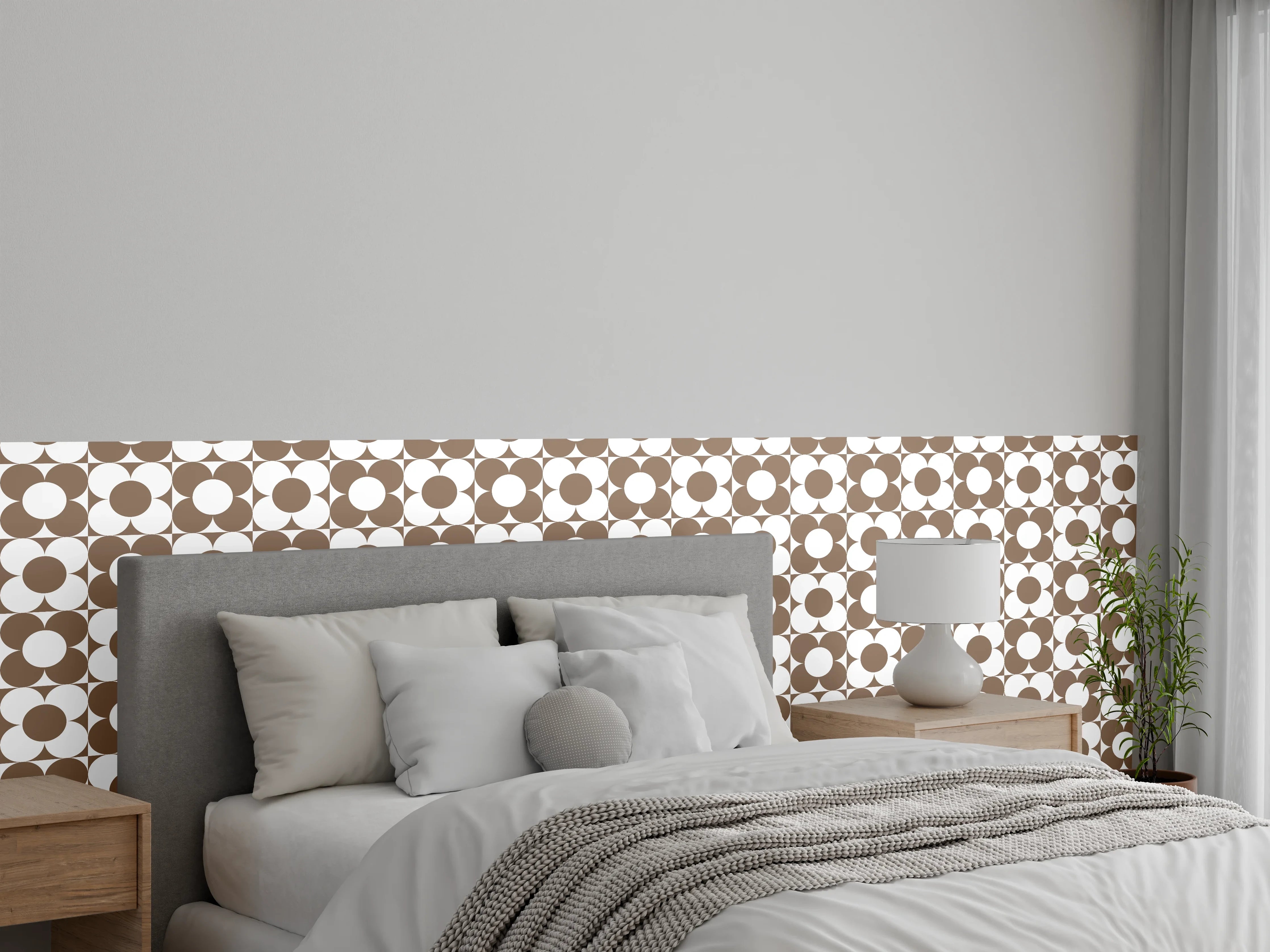 Wandverkleidung Schlafzimmer - Geometrisches Retro-Muster Braun & Weiß