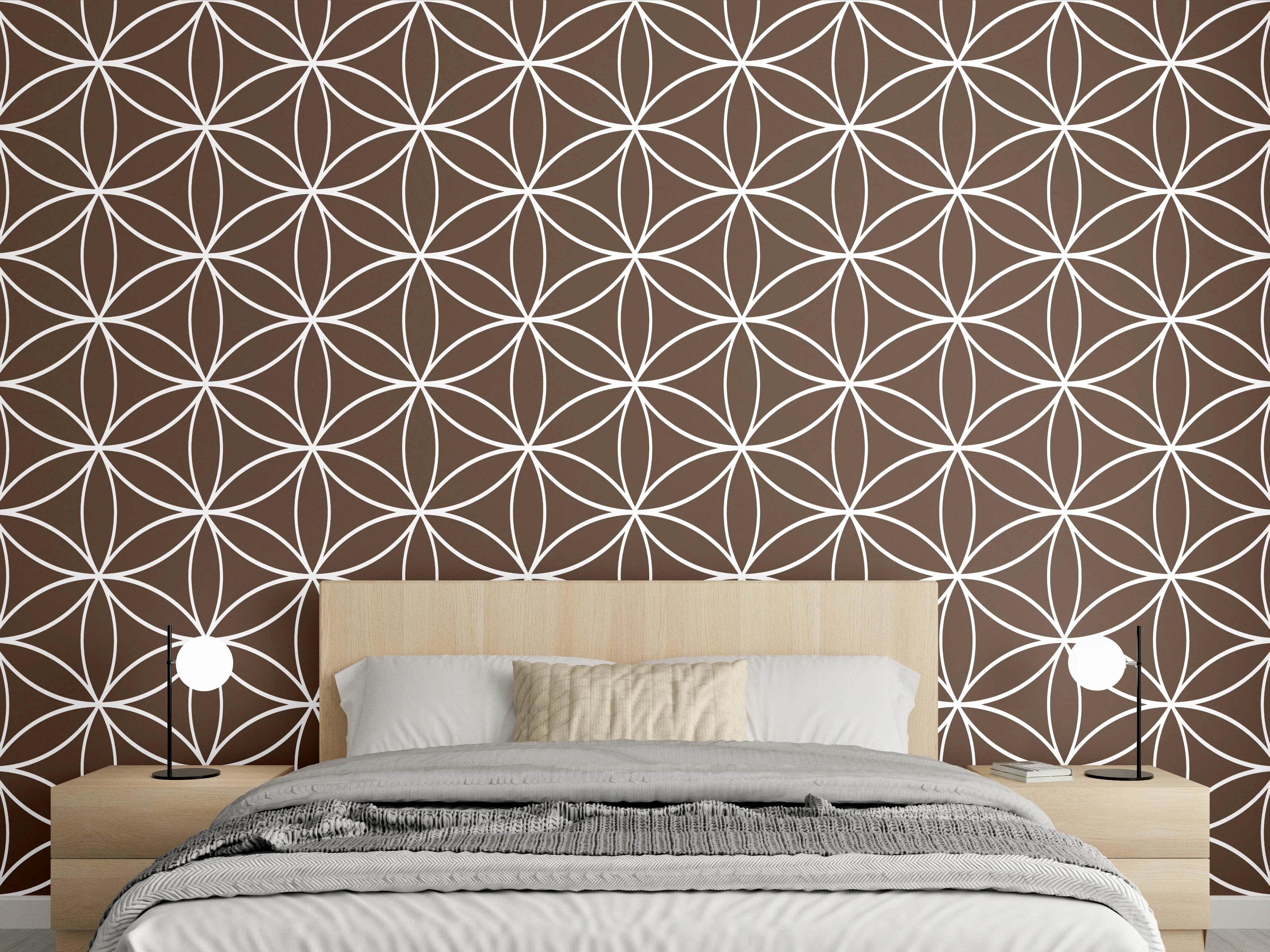Wandverkleidung Schlafzimmer - Geometrisches Retro-Muster in Braunweiß