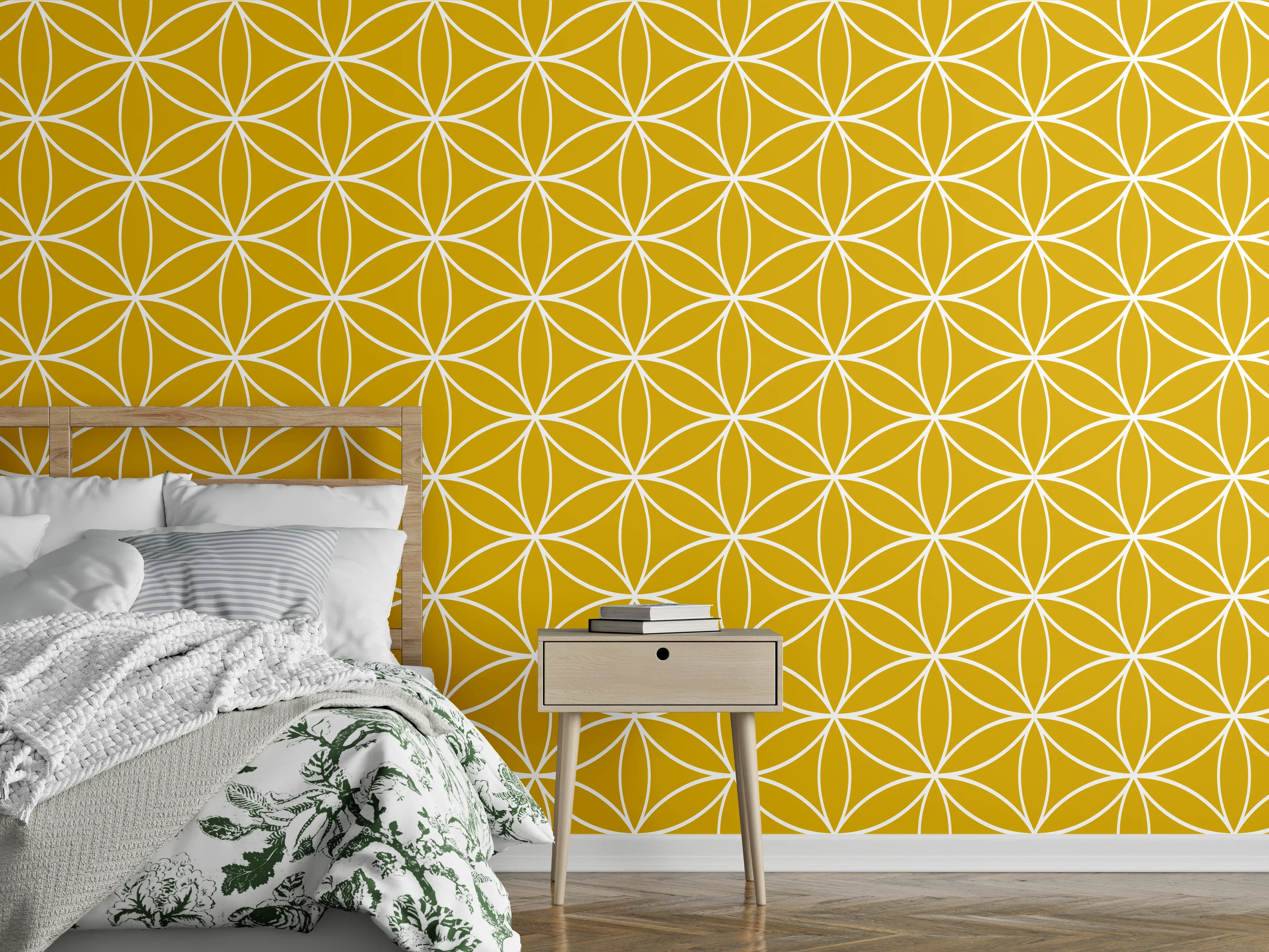 Wandverkleidung Schlafzimmer - Geometrisches Retro-Muster in Gelb-Weiß