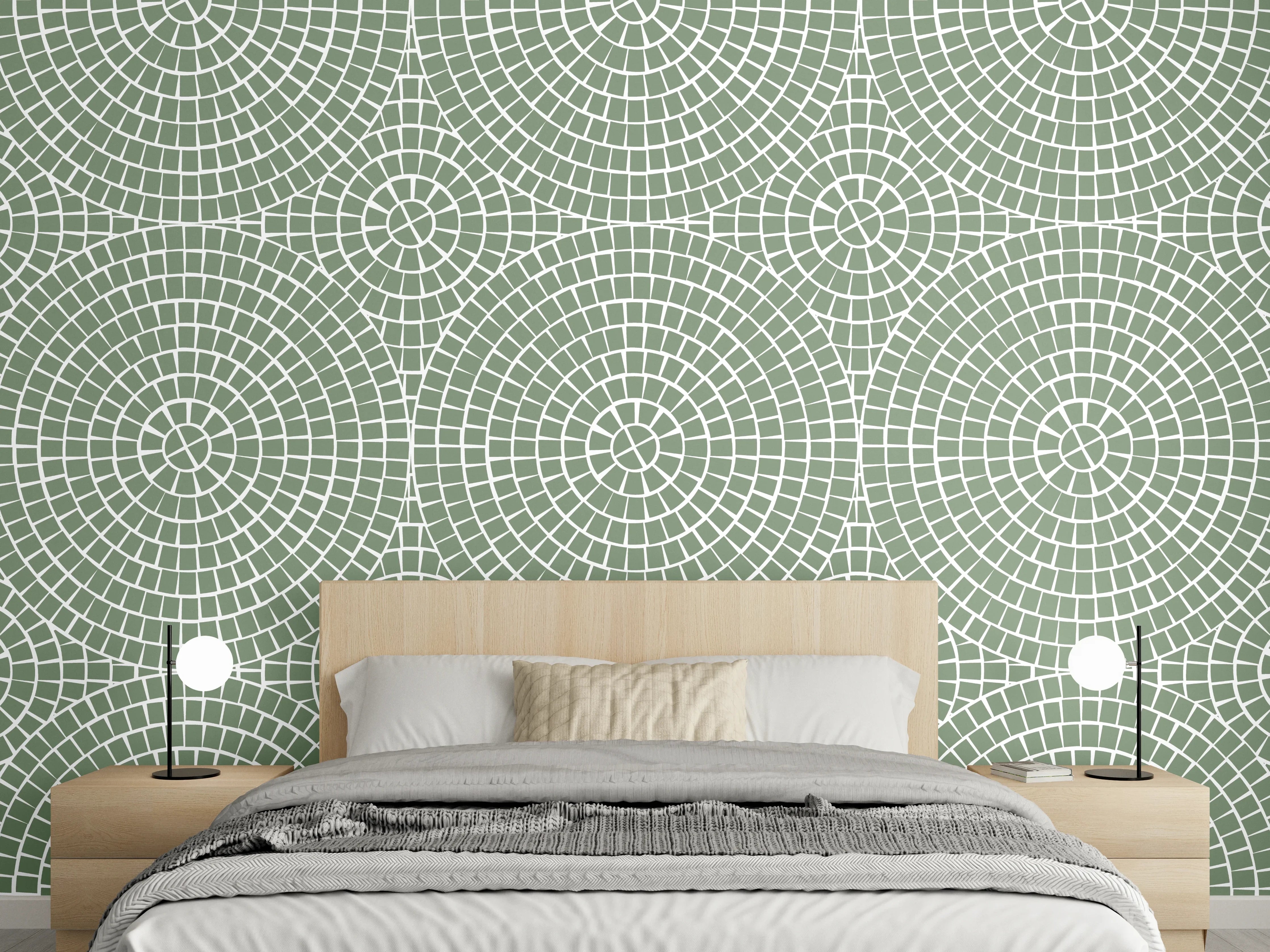 Wandverkleidung Schlafzimmer - Geometrisches Retro Muster in Grünweiß