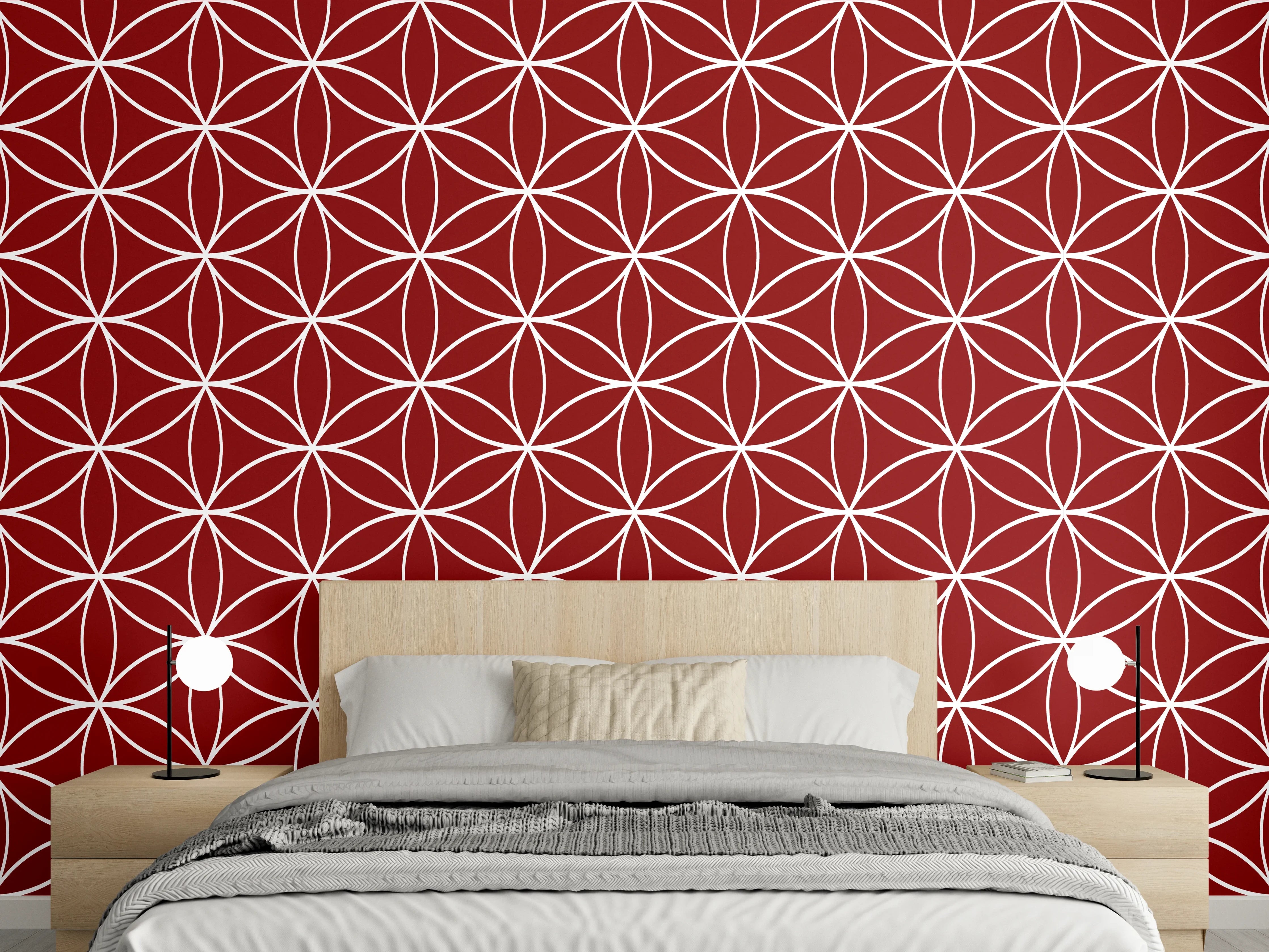 Wandverkleidung Schlafzimmer - Geometrisches Retro-Muster in Weinrot