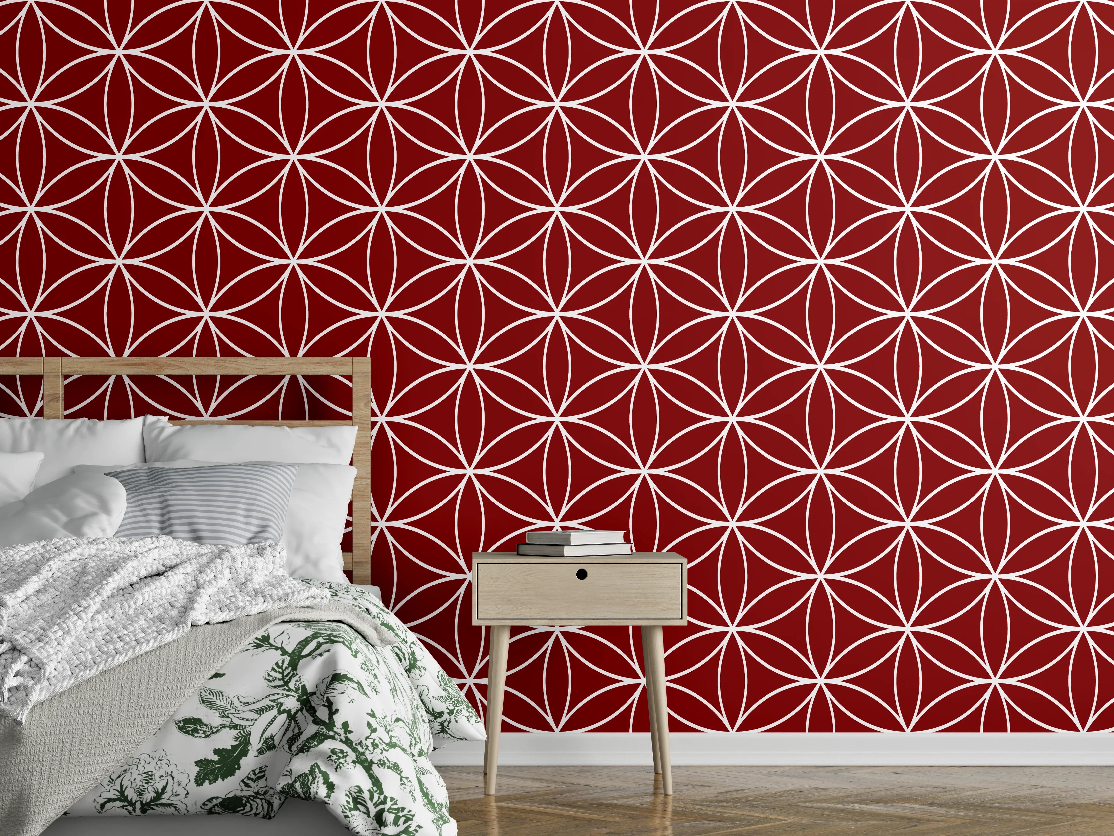 Wandverkleidung Schlafzimmer - Geometrisches Retro-Muster in Weinrot