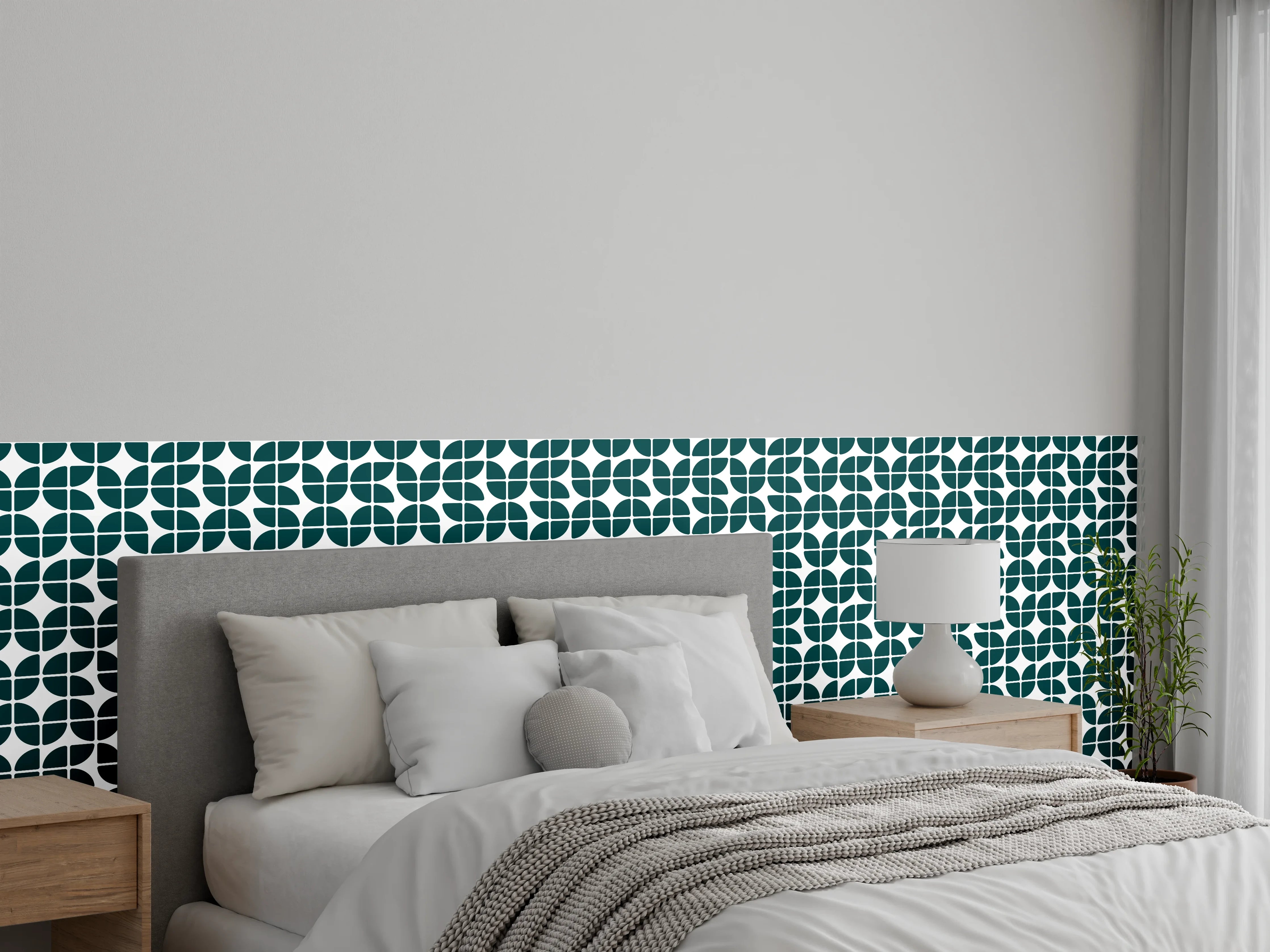 Wandverkleidung Schlafzimmer - Geometrisches Retromuster in Dunkelgrün-Weiß