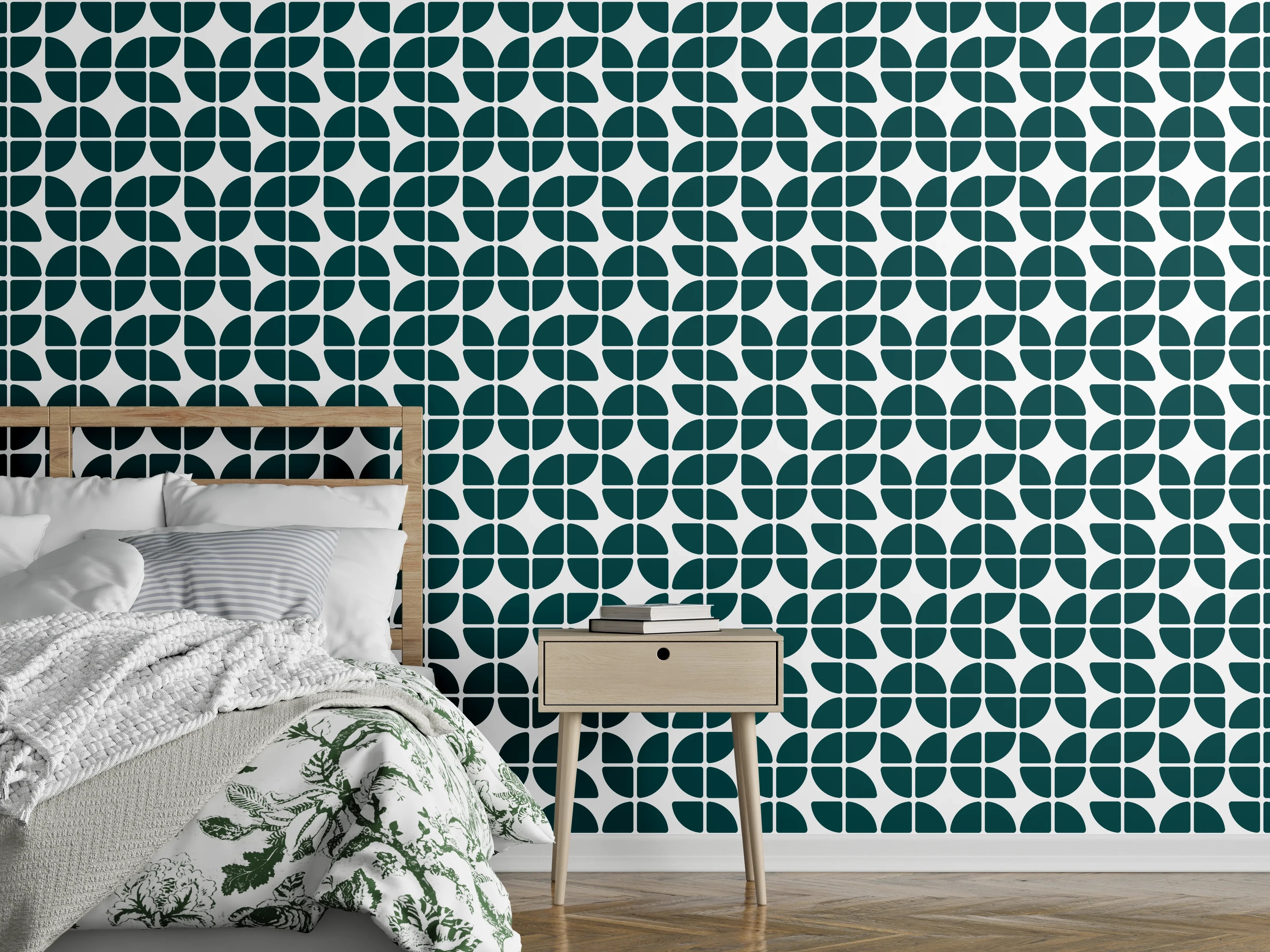 Wandverkleidung Schlafzimmer - Geometrisches Retromuster in Dunkelgrün-Weiß