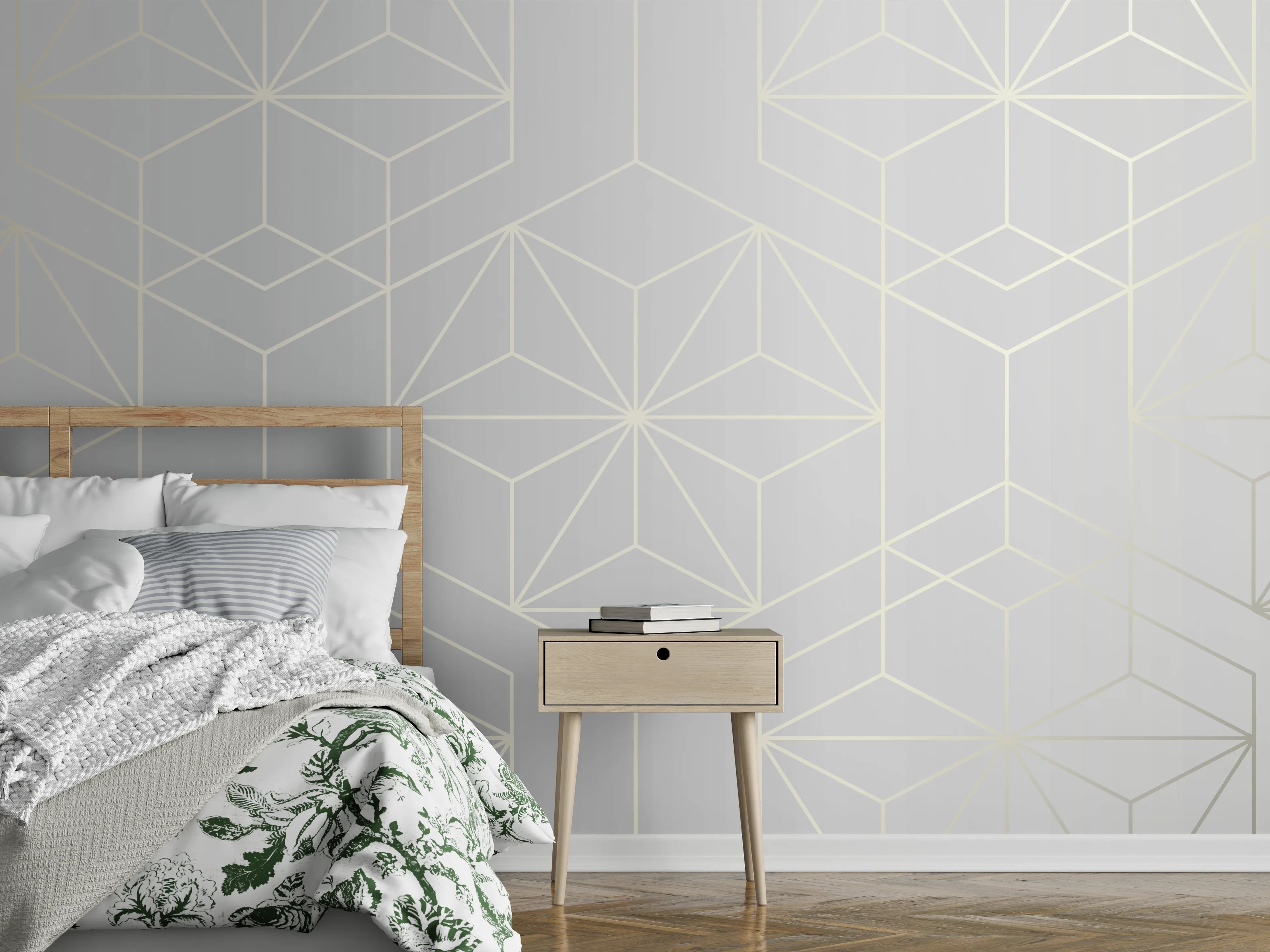 Wandverkleidung Schlafzimmer - Geometrisches Weiß-Grau-Muster