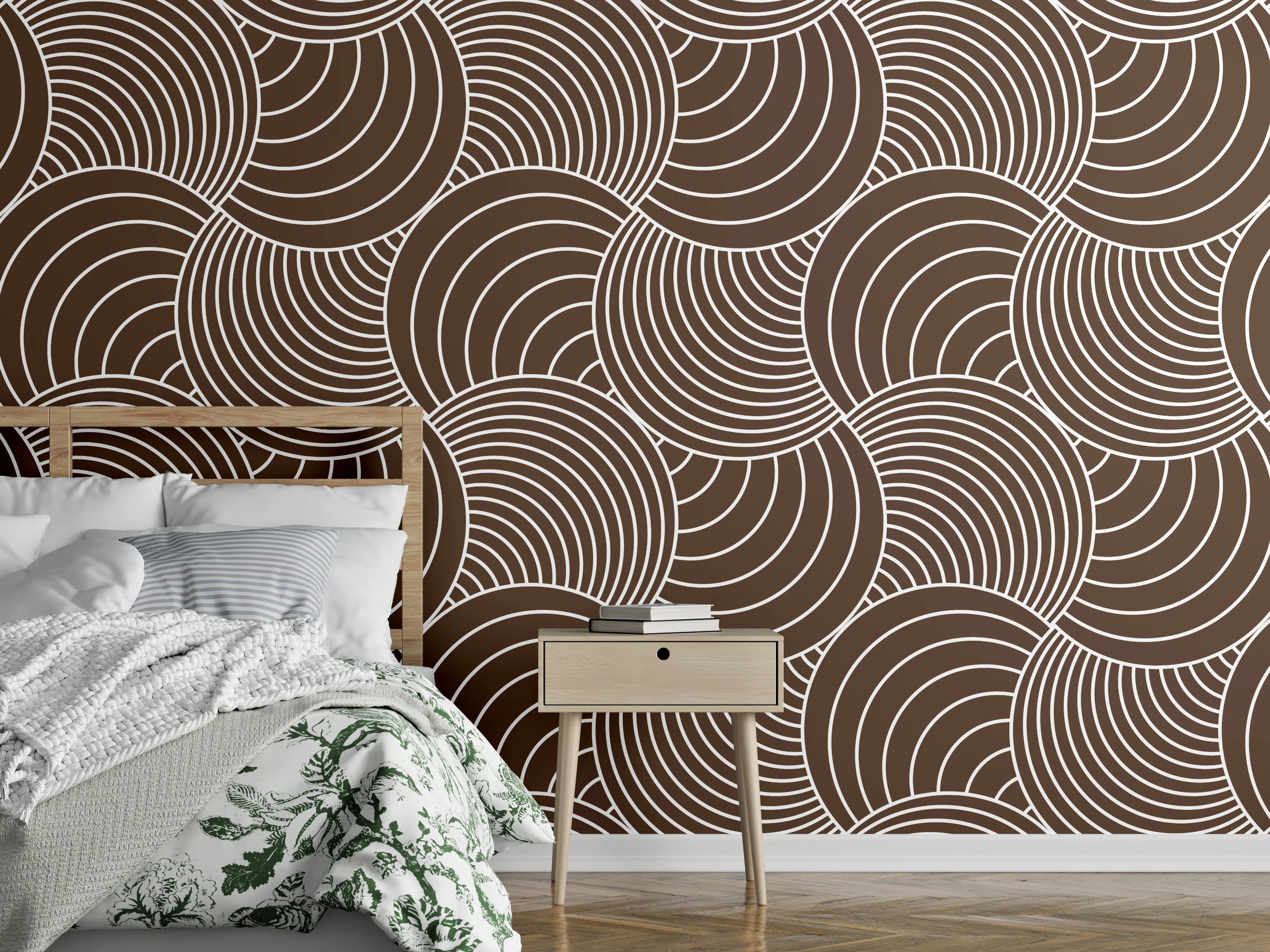 Wandverkleidung Schlafzimmer - Geometrisches Wellenmuster Braun Wandmotiv