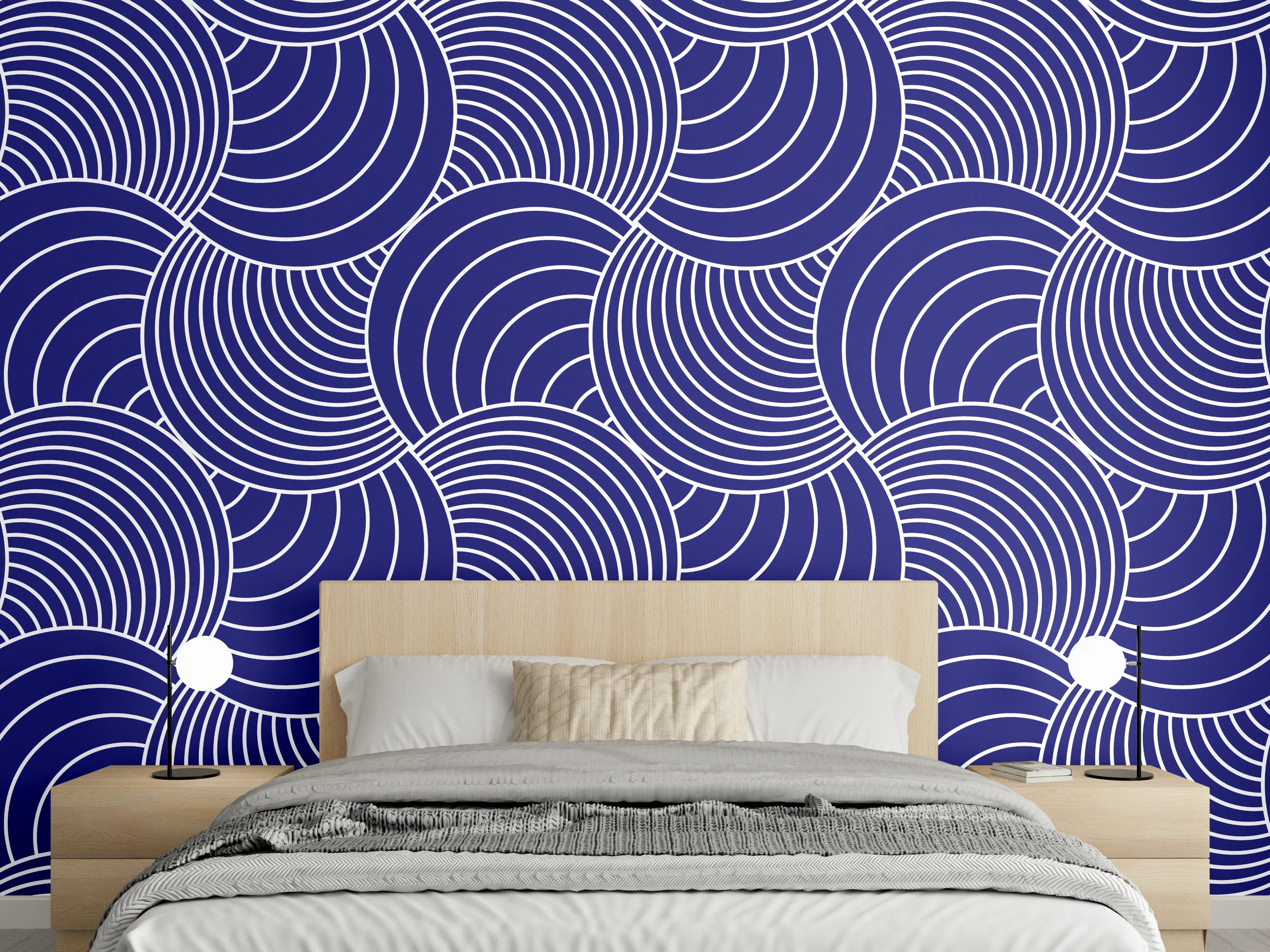 Wandverkleidung Schlafzimmer - Geometrisches Wellenmuster in Blau-Weiß