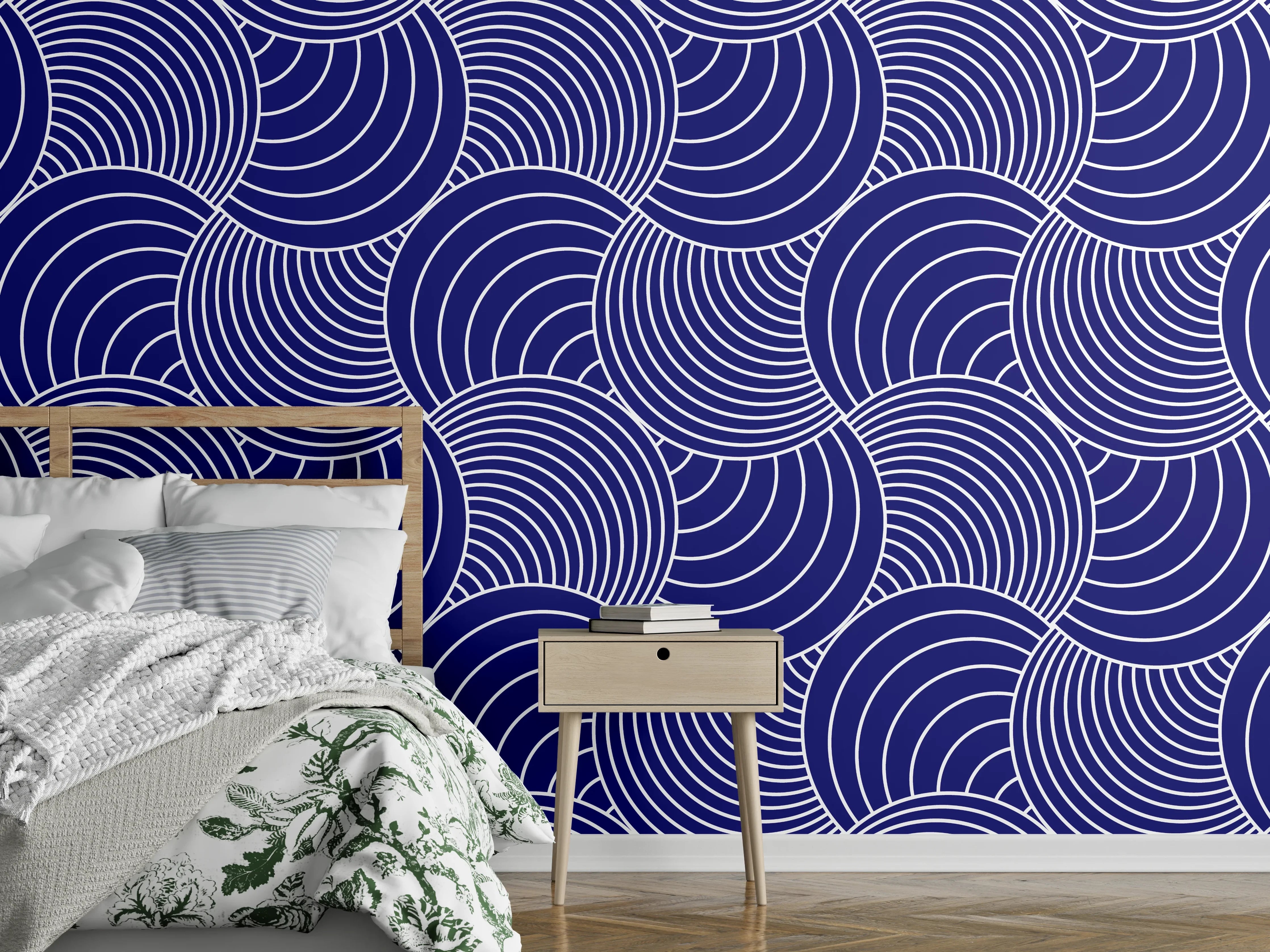 Wandverkleidung Schlafzimmer - Geometrisches Wellenmuster in Blau-Weiß