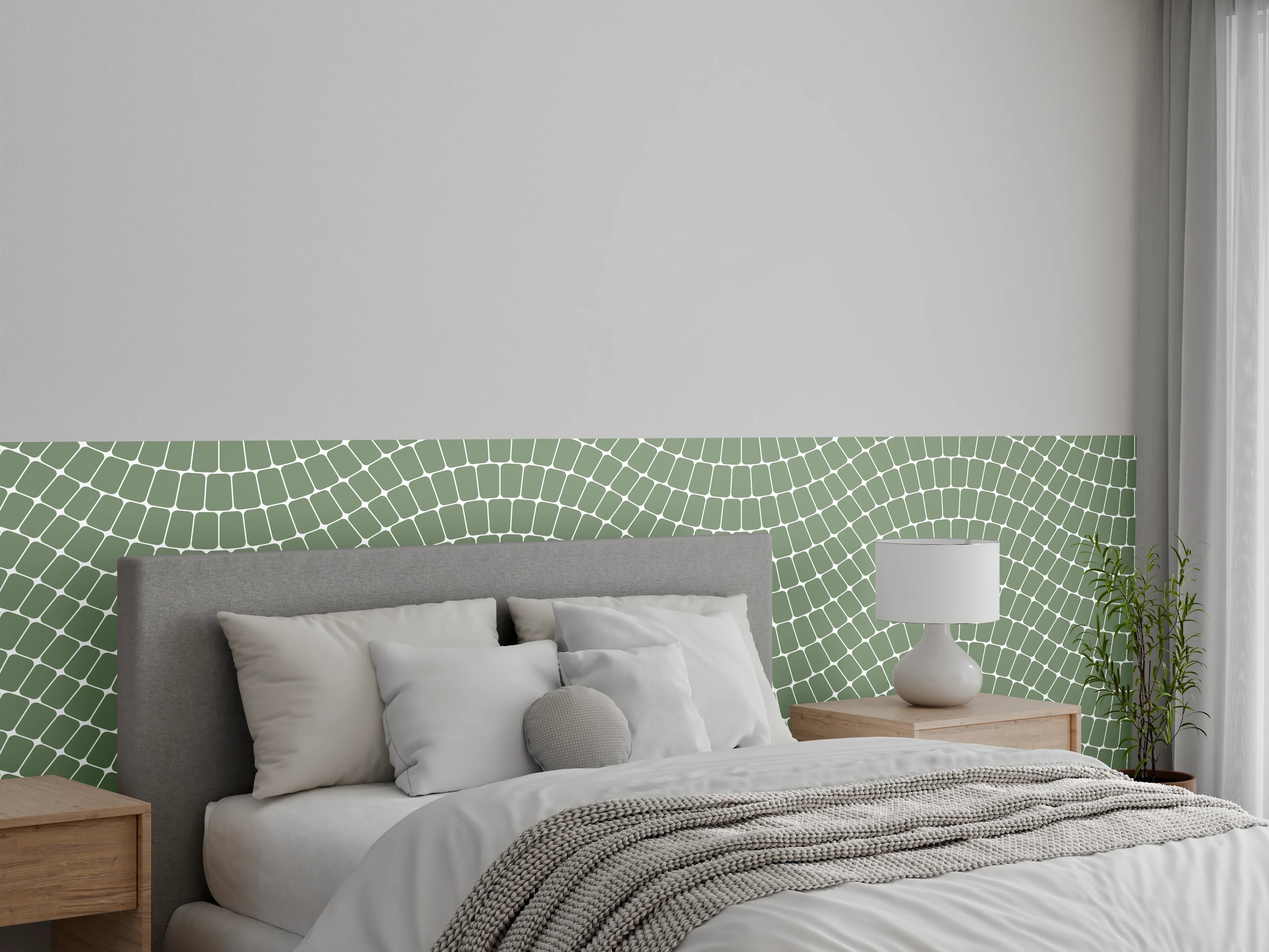 Wandverkleidung Schlafzimmer - Geometrisches Wellenmuster in Grün