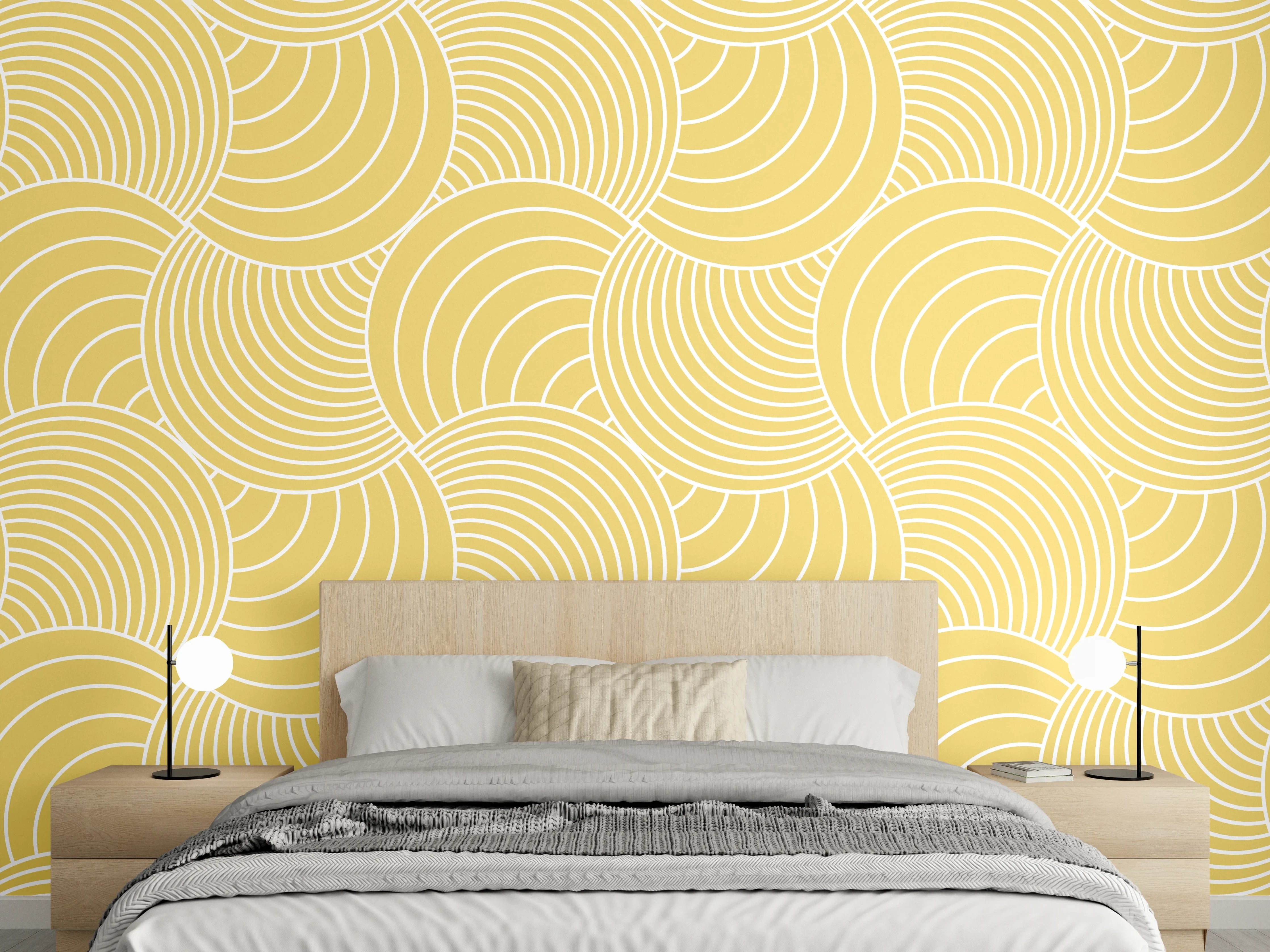 Wandverkleidung Schlafzimmer - Geometrisches Wellenmuster in warmem Gelb