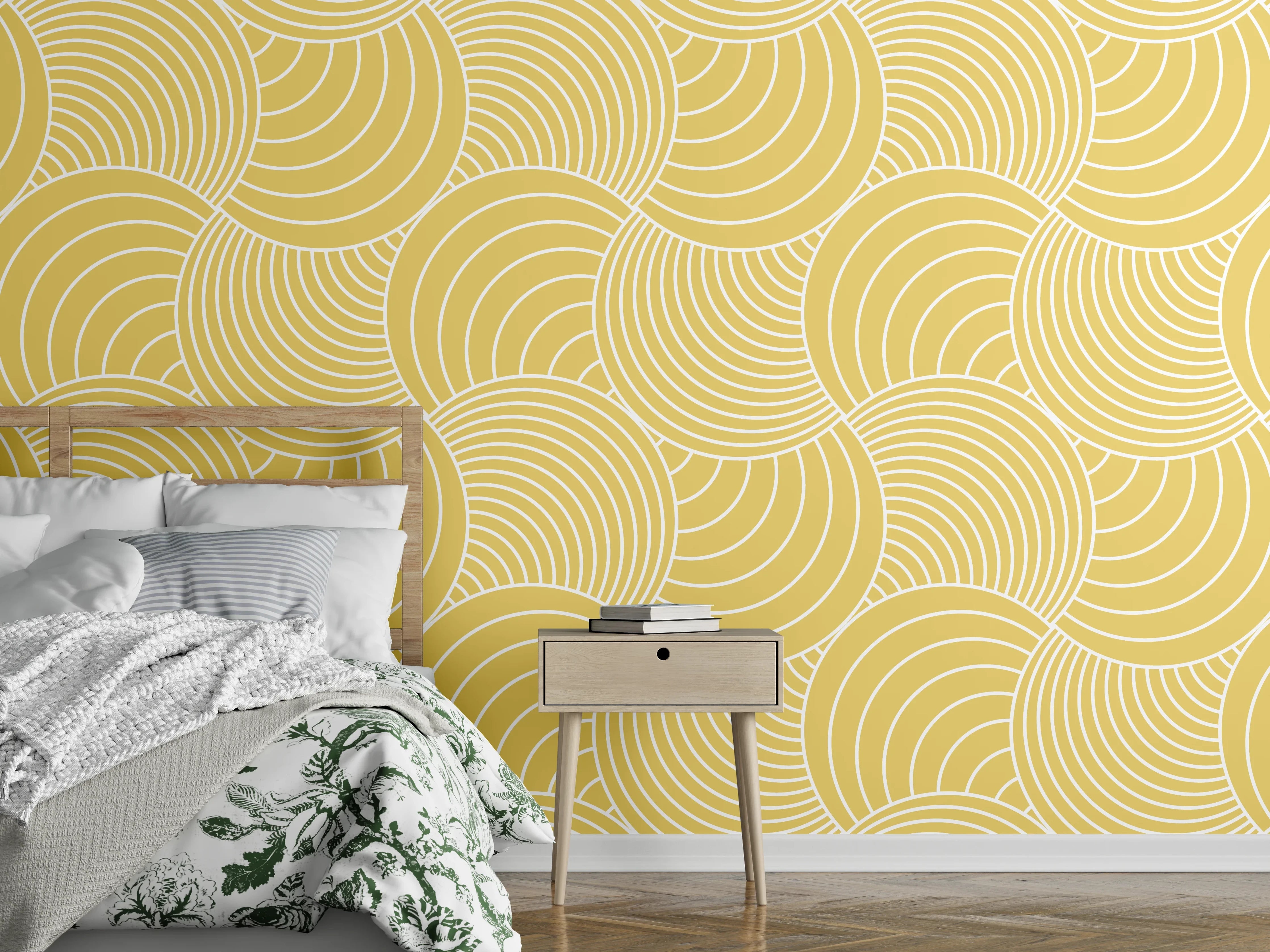 Wandverkleidung Schlafzimmer - Geometrisches Wellenmuster in warmem Gelb