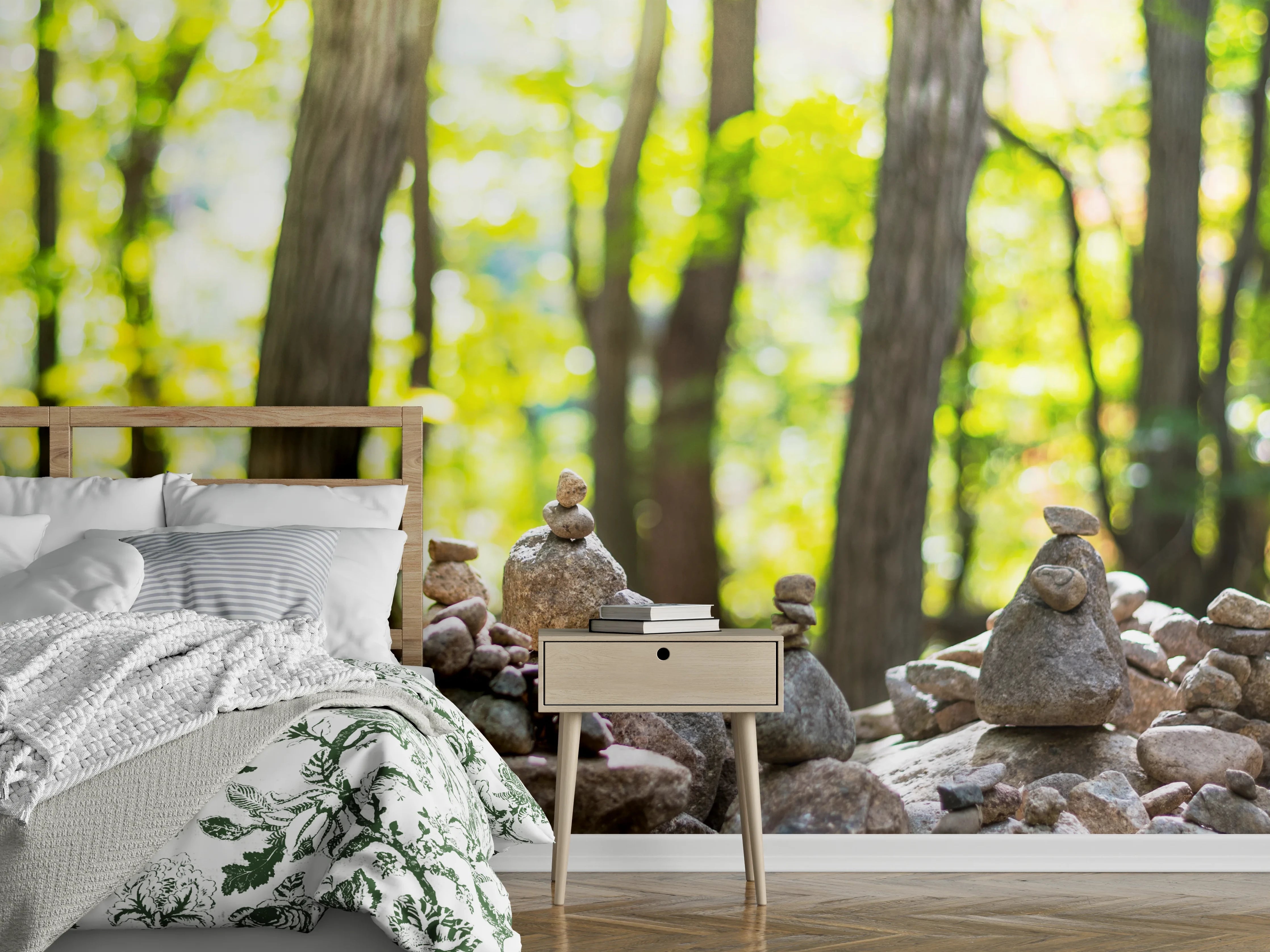 Wandverkleidung Schlafzimmer - Gestapelte Steine mit Waldhintergrund