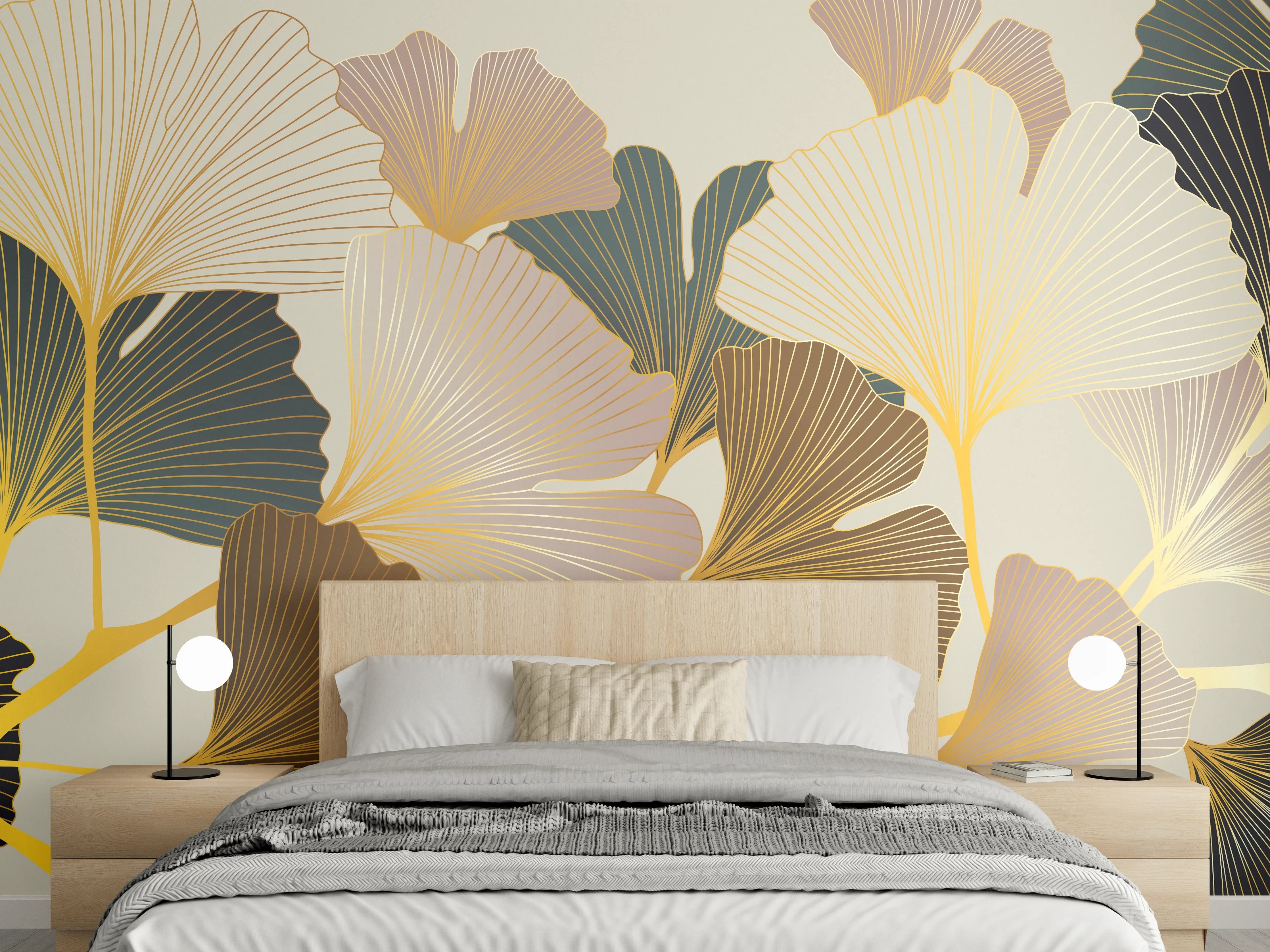 Wandverkleidung Schlafzimmer - Ginkgo Blätter Design Beige