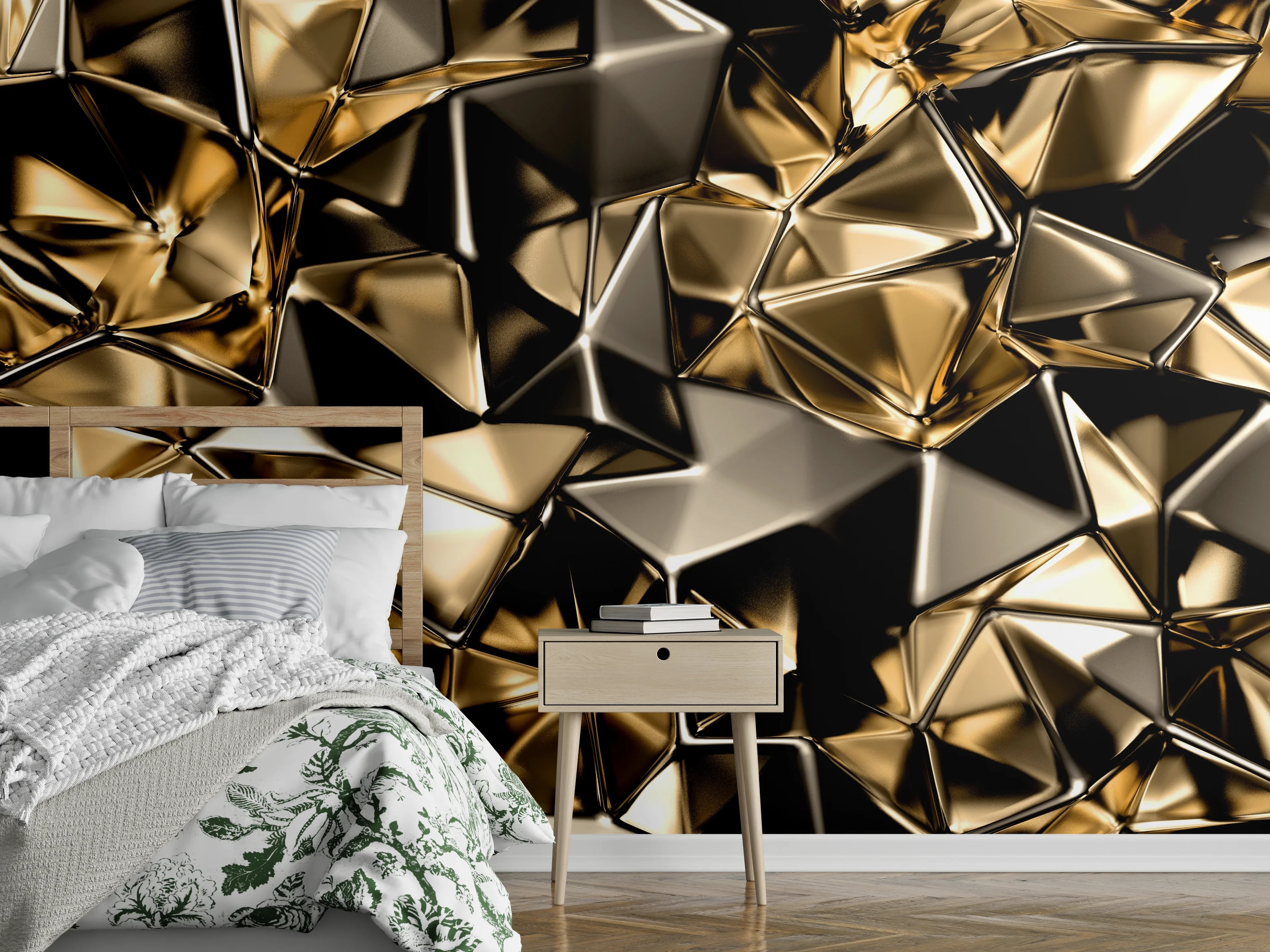 Wandverkleidung Schlafzimmer - Glänzende abstrakte Goldmetall-Struktur