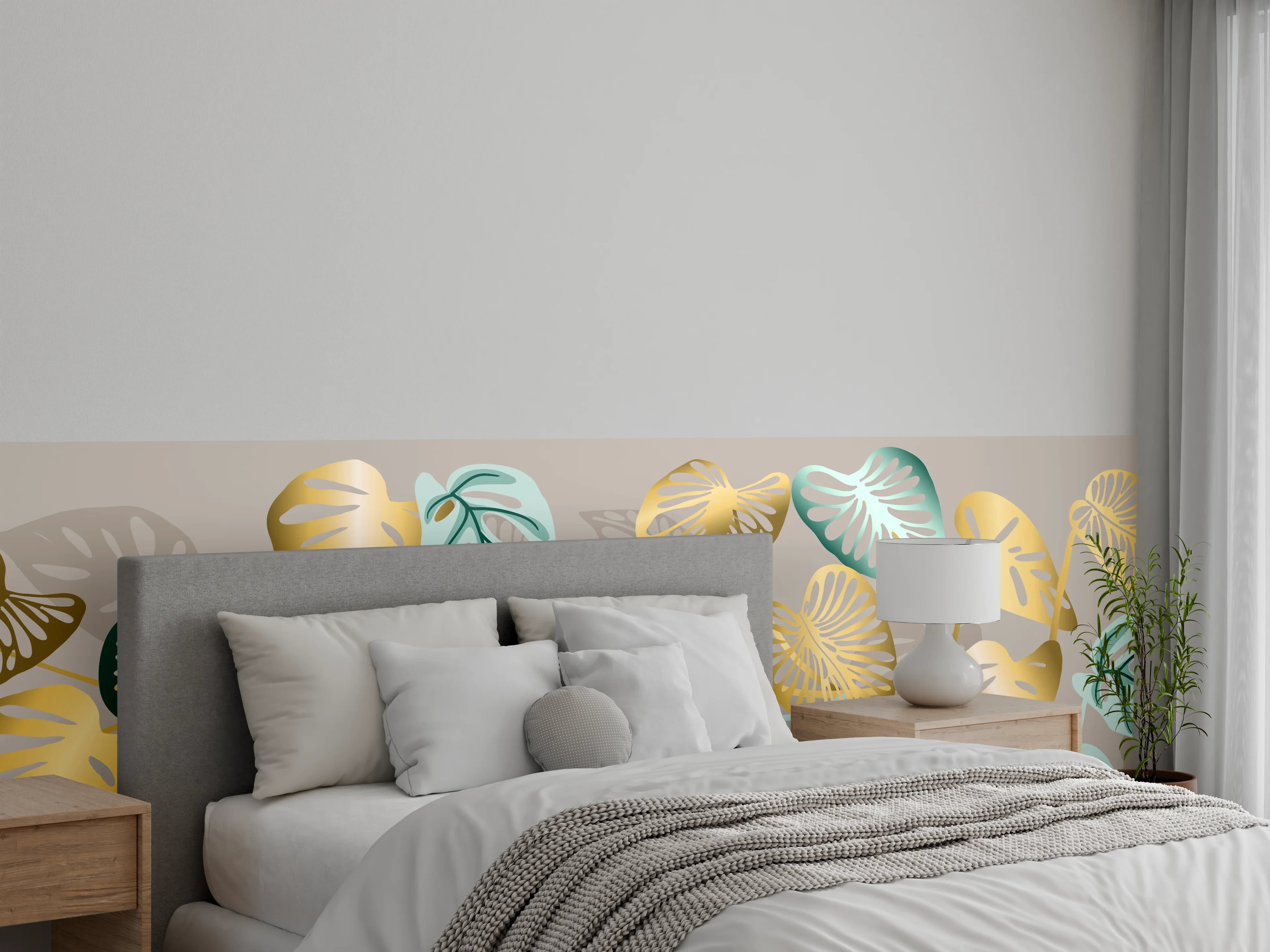 Wandverkleidung Schlafzimmer - Gold-Beige Blätter-Muster-Dekor
