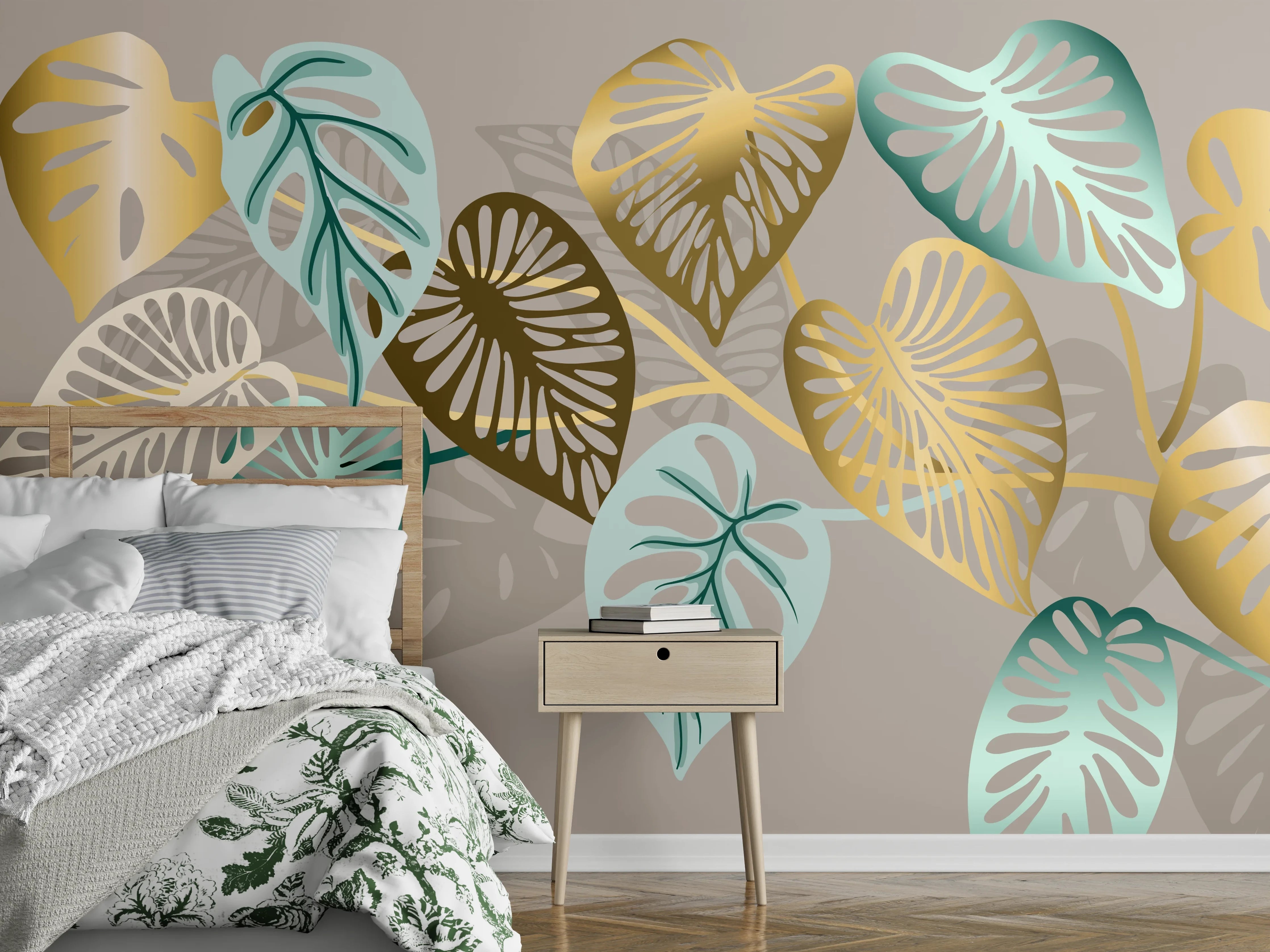Wandverkleidung Schlafzimmer - Gold-Beige Blätter-Muster-Dekor