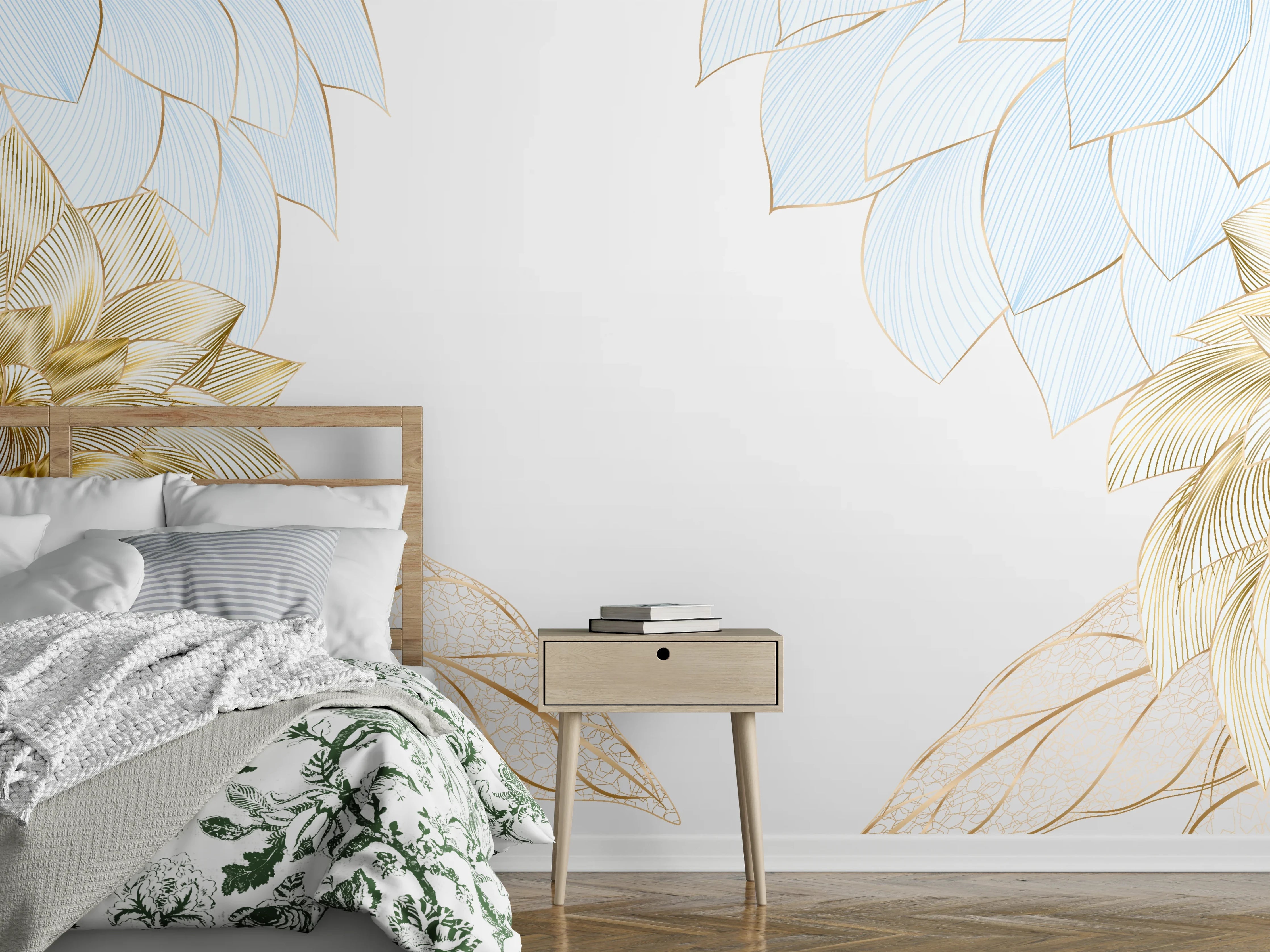 Wandverkleidung Schlafzimmer - Gold-Weiß Floral Design