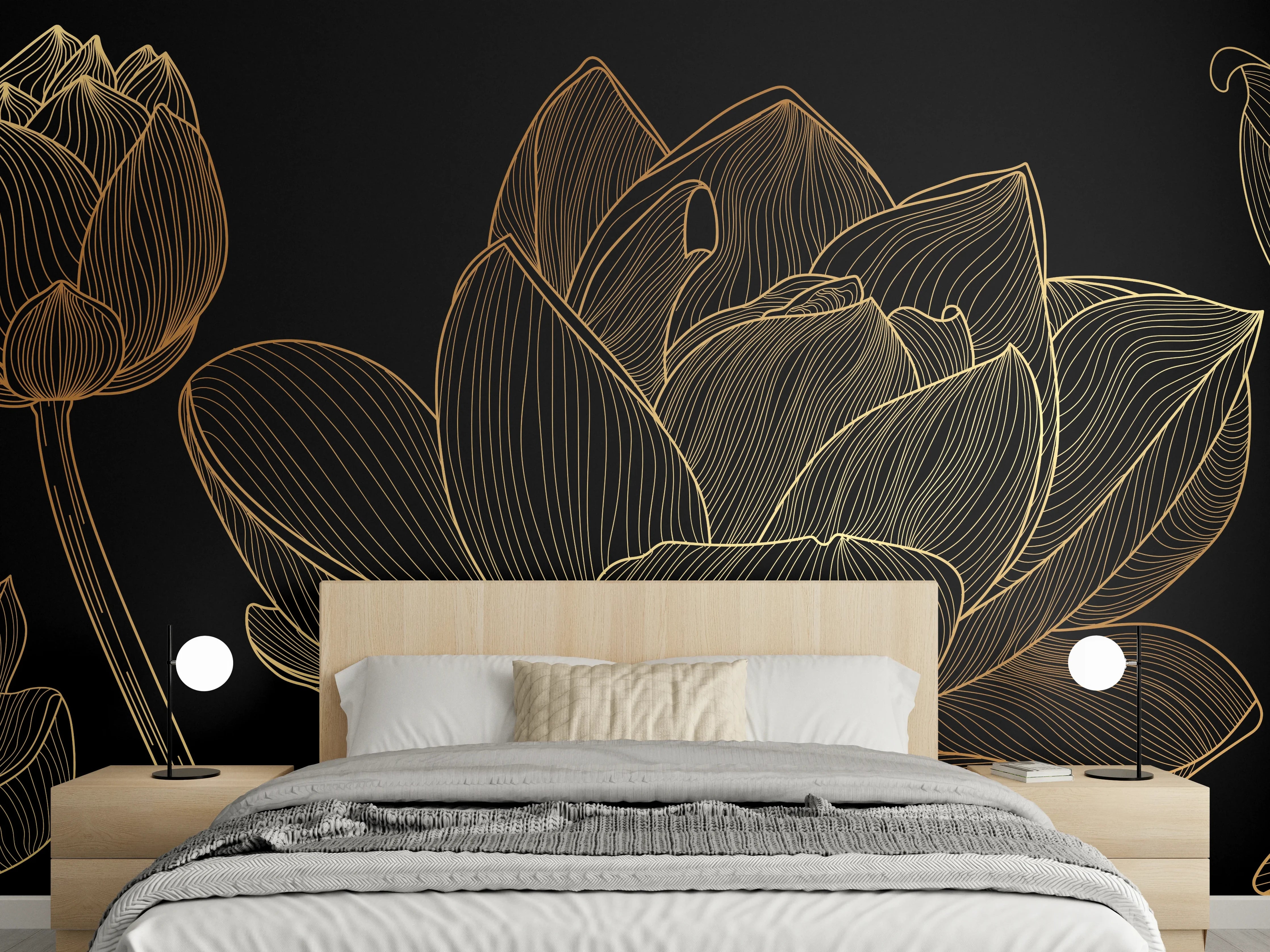 Wandverkleidung Schlafzimmer - Golden Floral Lineart