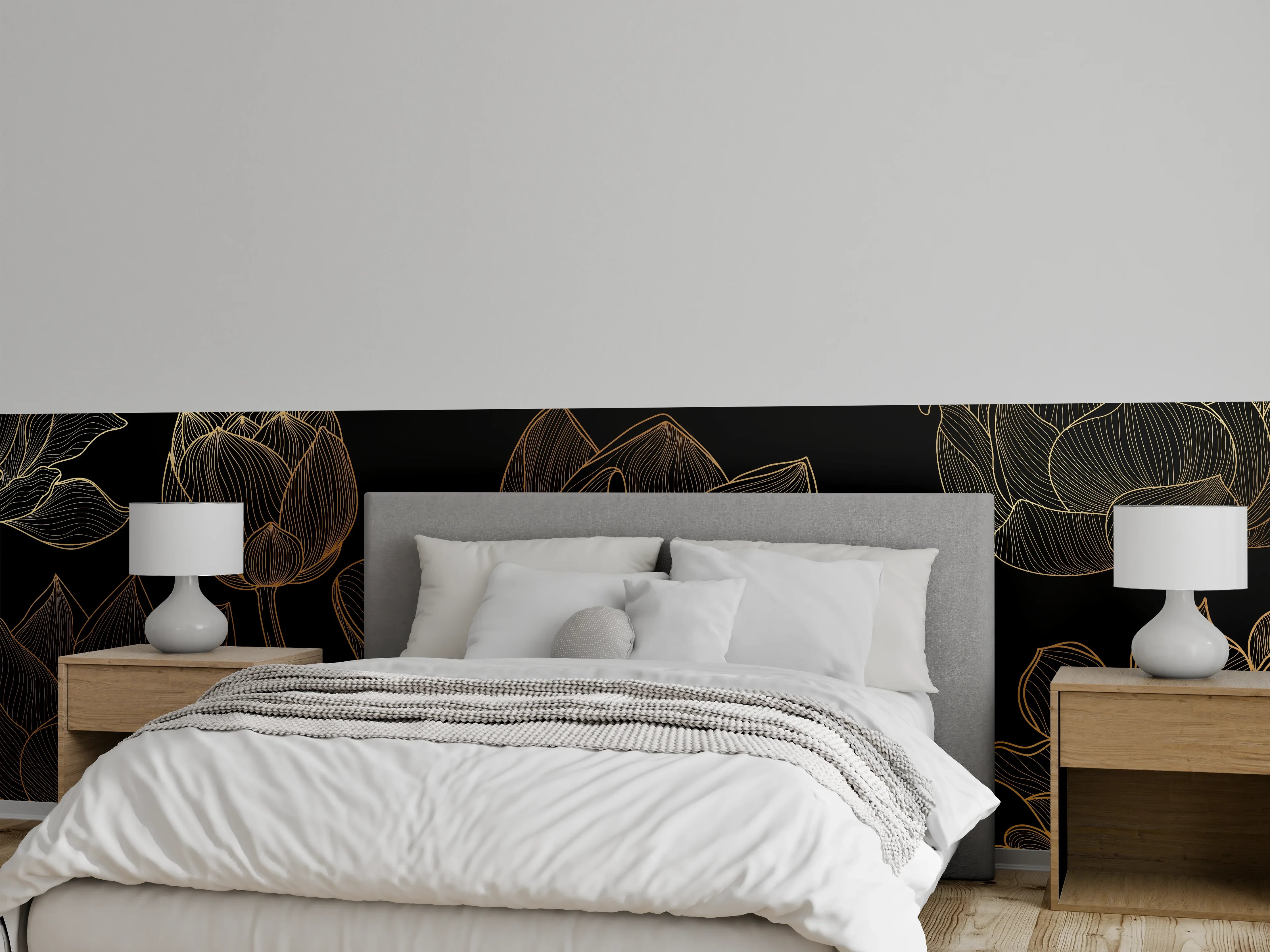 Wandverkleidung Schlafzimmer - Golden Floral Lineart