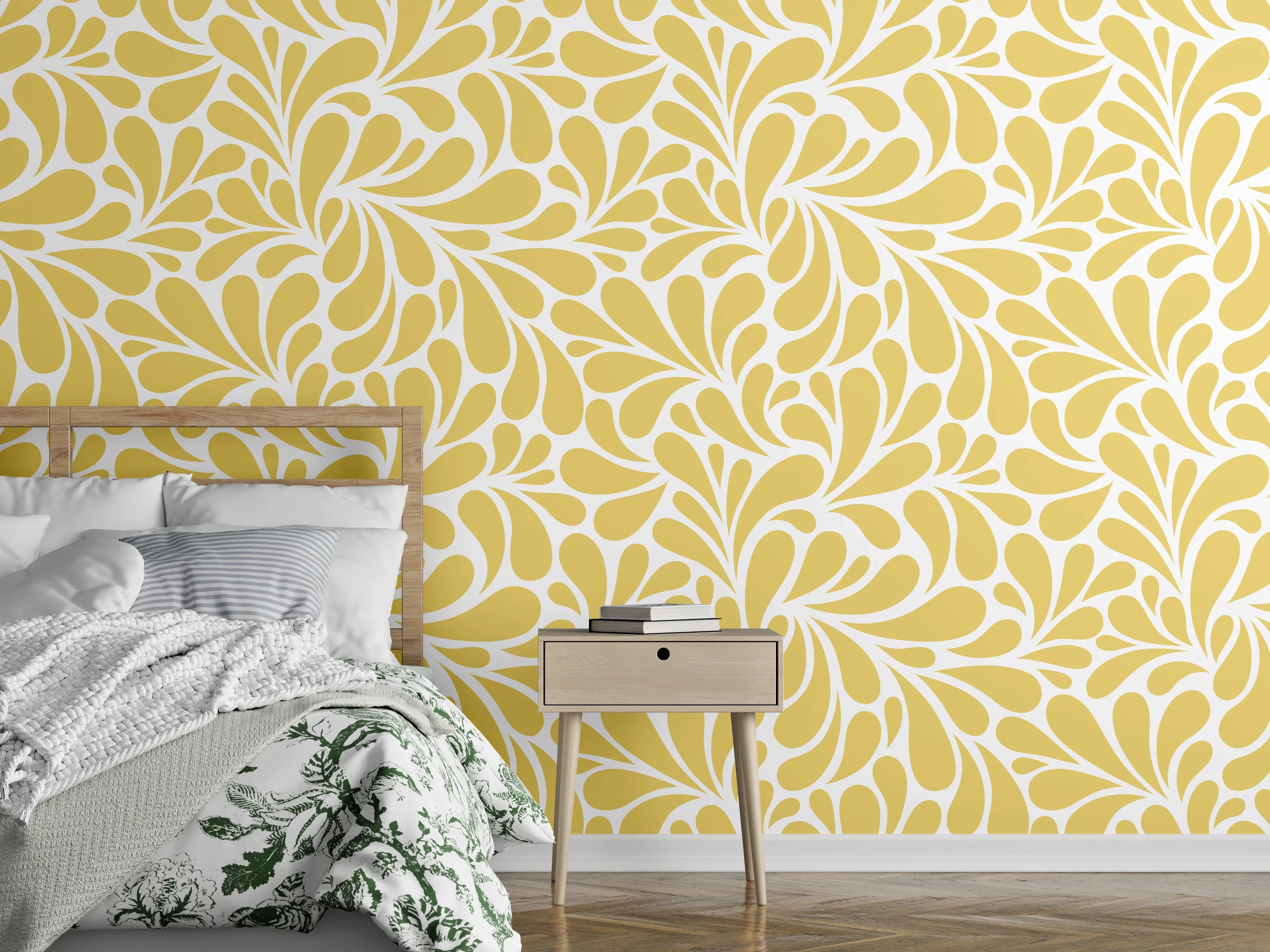 Wandverkleidung Schlafzimmer - Goldenblühende Blättermuster