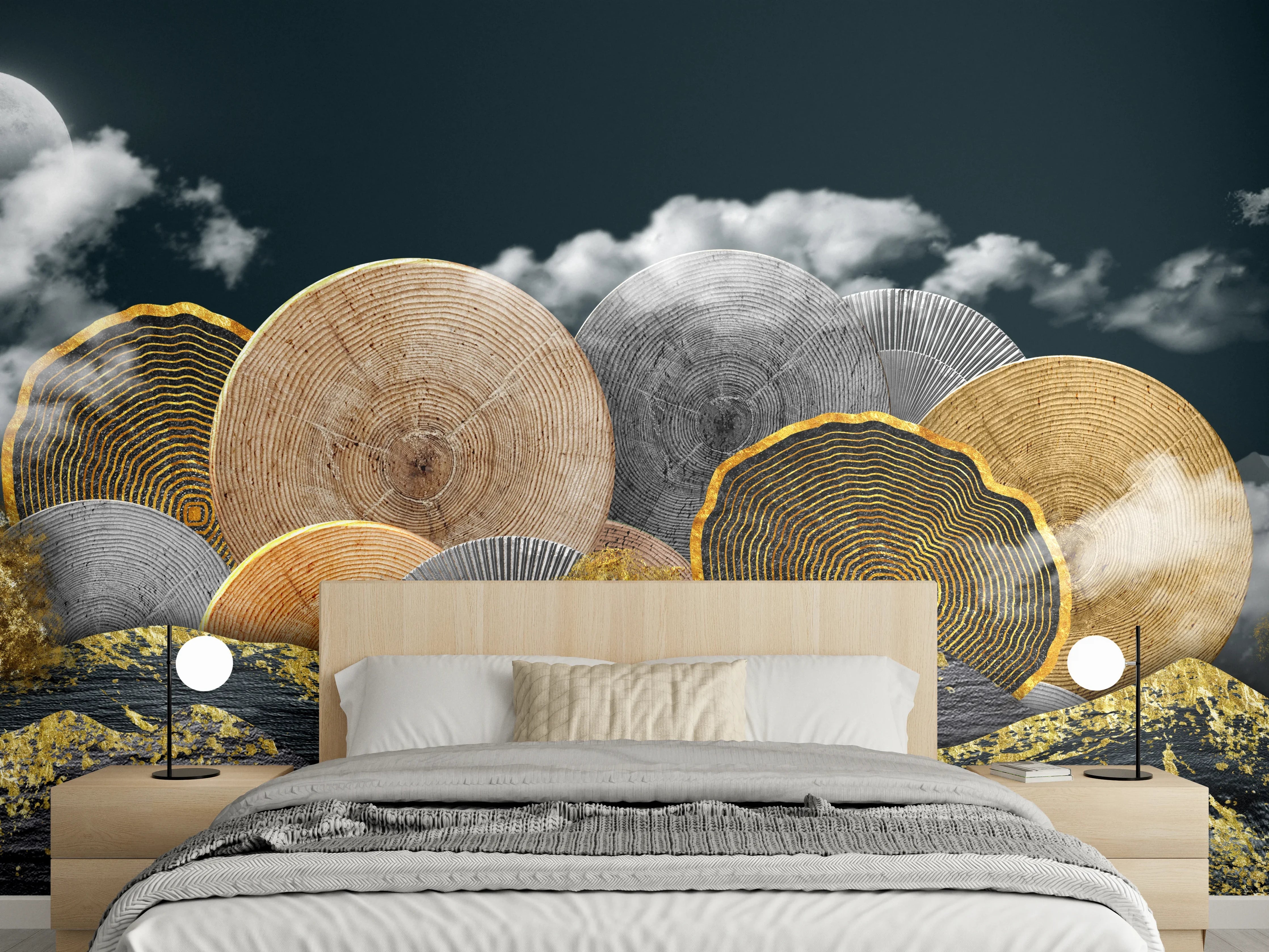 Wandverkleidung Schlafzimmer - Goldene Bäume und Holzscheiben Nacht