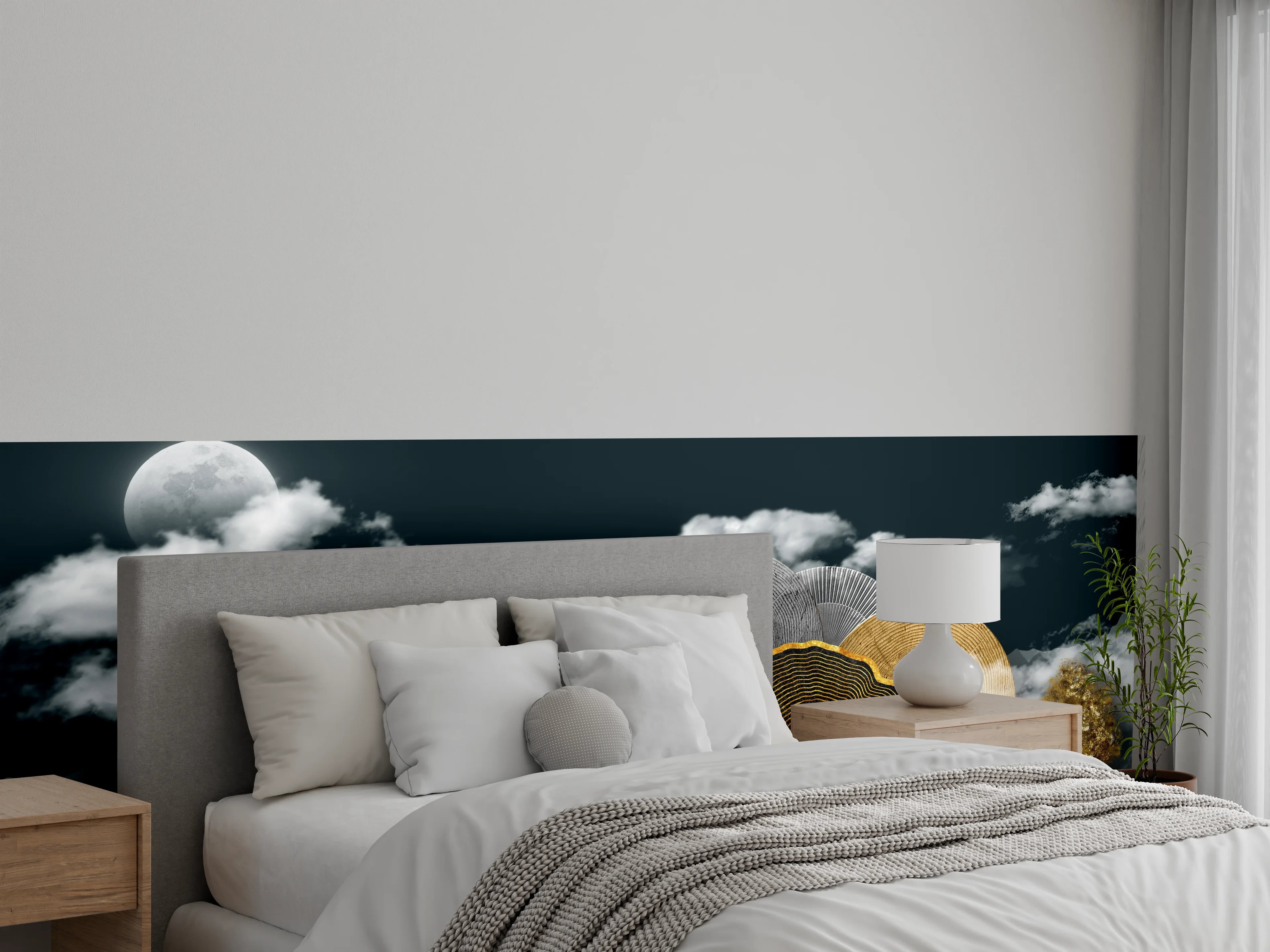 Wandverkleidung Schlafzimmer - Goldene Bäume und Holzscheiben Nacht