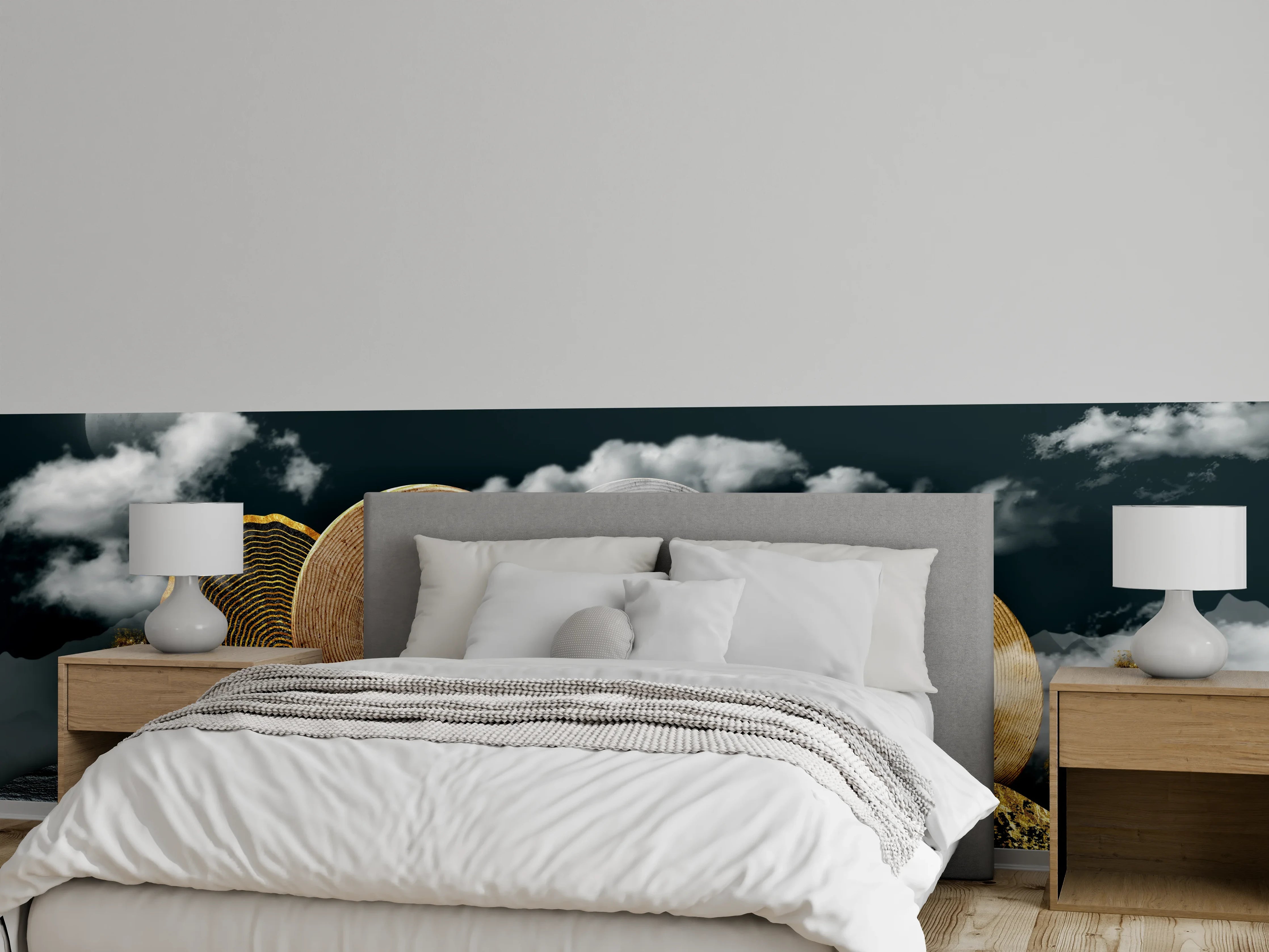 Wandverkleidung Schlafzimmer - Goldene Bäume und Holzscheiben Nacht