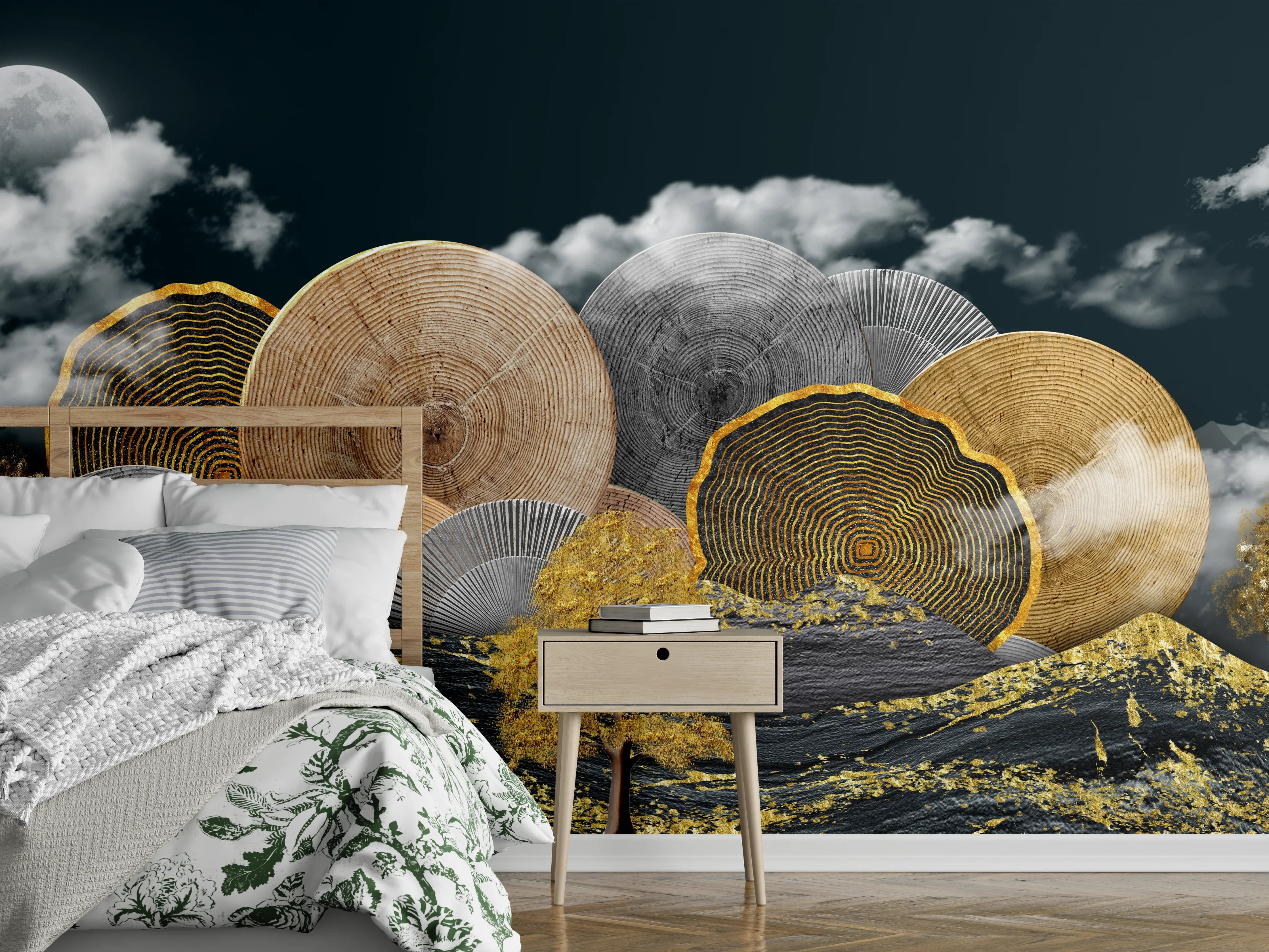 Wandverkleidung Schlafzimmer - Goldene Bäume und Holzscheiben Nacht