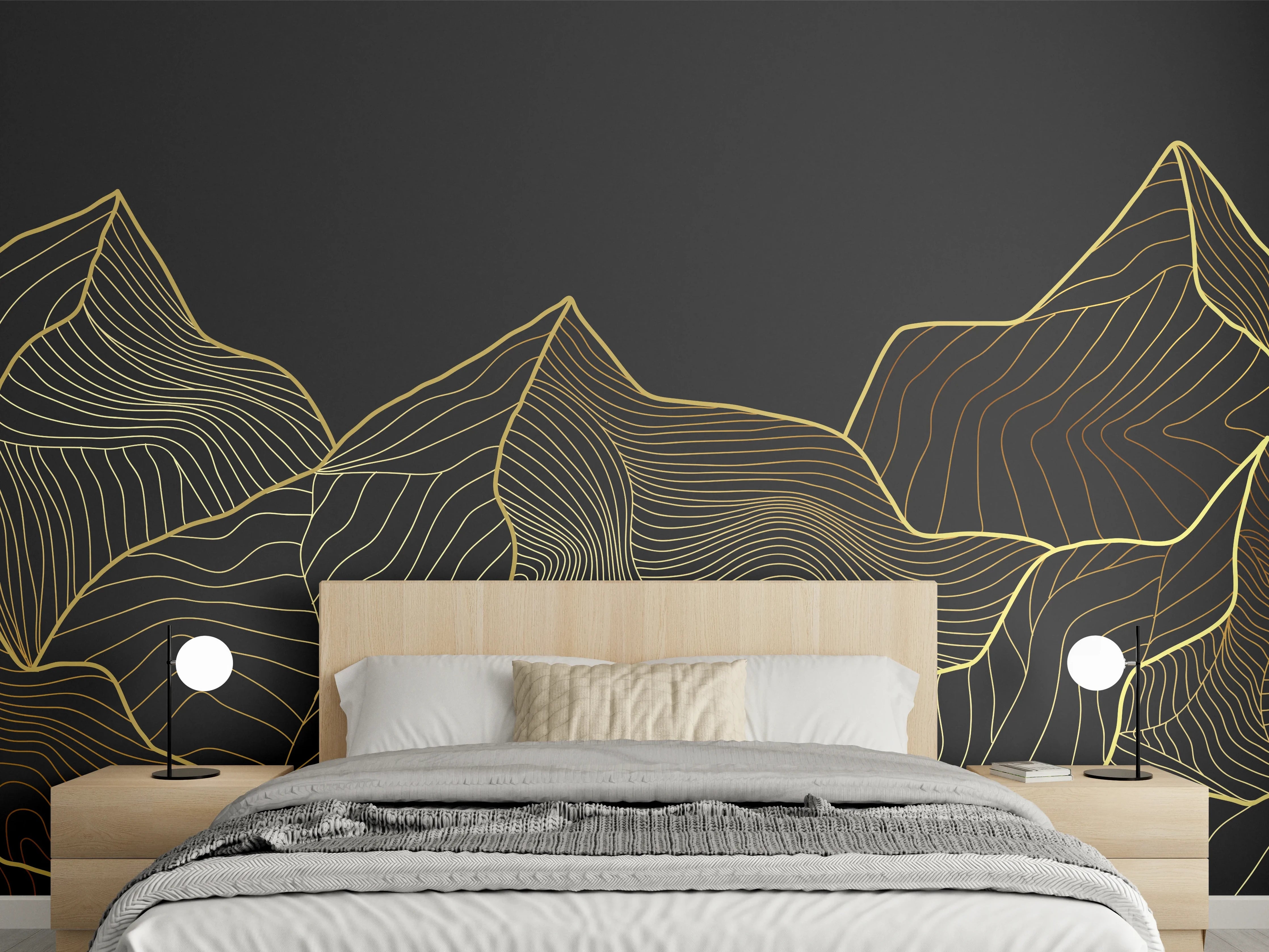 Wandverkleidung Schlafzimmer - Goldene Berge Lineart auf Schwarz